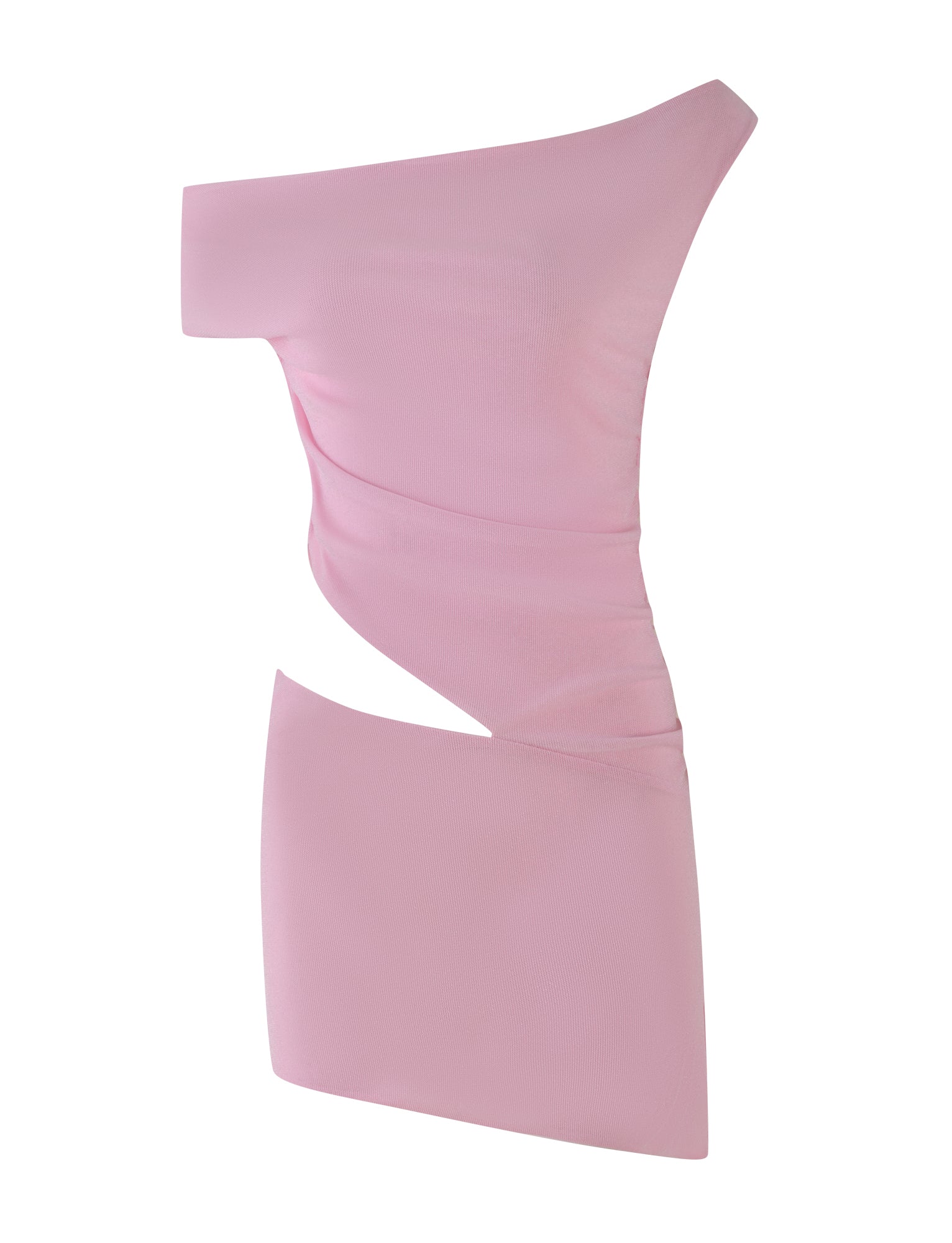 The COBI MINI DRESS 2.0 in baby pink by TIGERMIST is a striking asymmetrical mini dress featuring a sleeveless design with a unique waist twist cutout. It showcases an avant-garde, modern style with smooth fabric and a bold, fashionable silhouette.