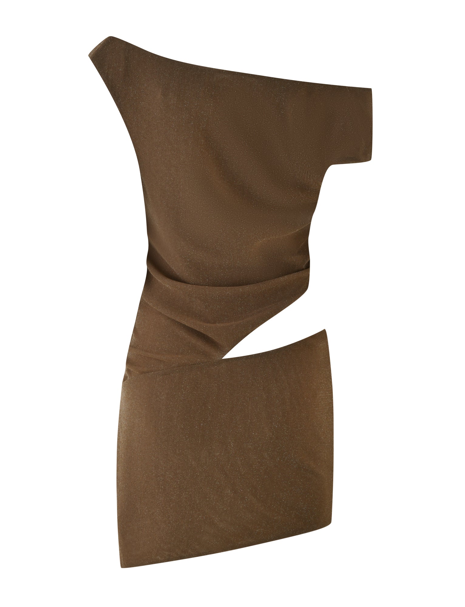The COBI MINI DRESS 2.0 by TIGERMIST highlights a beautiful brown color, made from textured jersey. Its distinct design boasts a one-shoulder style and an irregular, angular shape that makes it truly unique.