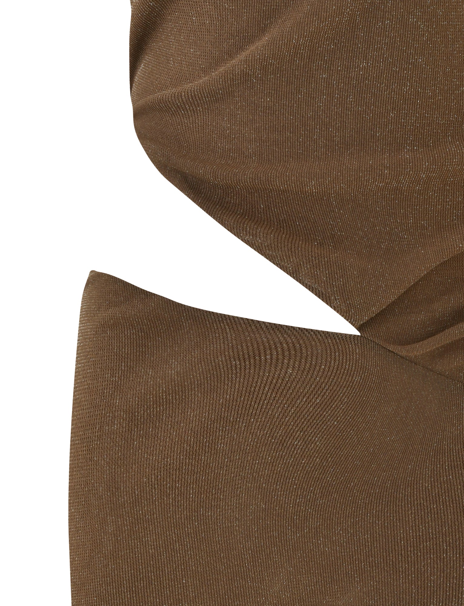 A close-up of the textured jersey fabric from the TIGERMIST COBI MINI DRESS 2.0 in brown reveals a slight sheen. The material drapes elegantly, showcasing folds and curves that resemble an asymmetrical dress, forming an abstract pattern.