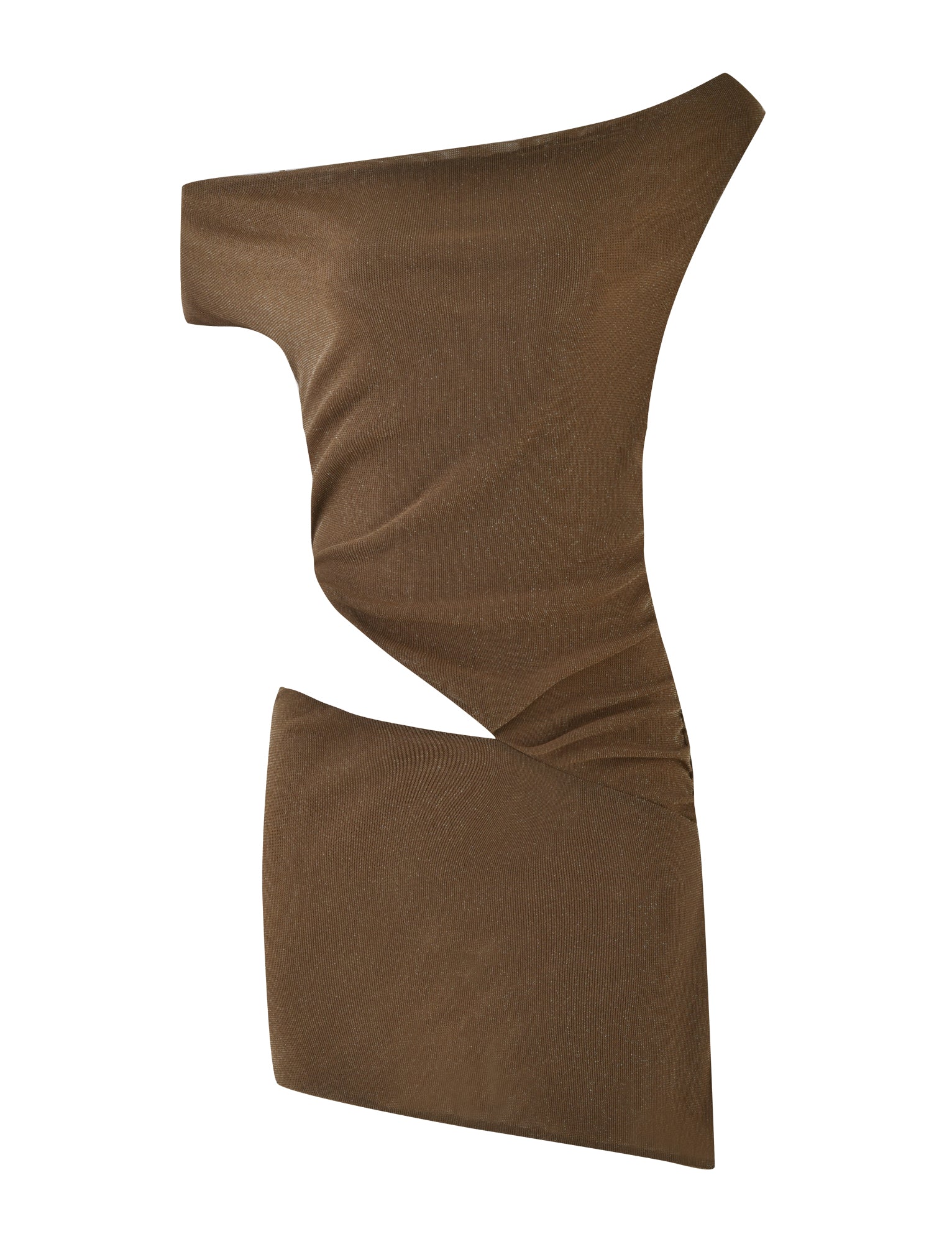 The COBI MINI DRESS 2.0 - BROWN from TIGERMIST is displayed on a white backdrop, made from textured jersey. It features an asymmetrical silhouette with a twisting design at the waist that adds a sculptural elegance similar to the Cobi Tank and Skirt collection.