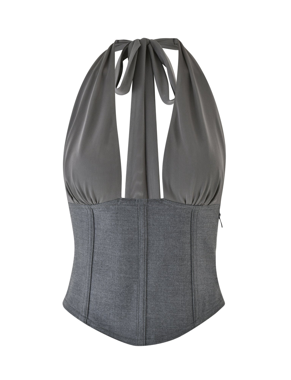 The JANECE TOP - GREY by TIGERMIST features a sophisticated gray suiting fabric crafted into a halter neck design. The garment includes gathered material for added elegance, complemented by a wide band at the bottom for a structured, corset-like look, and is finished with a plunging neckline for a contemporary edge.