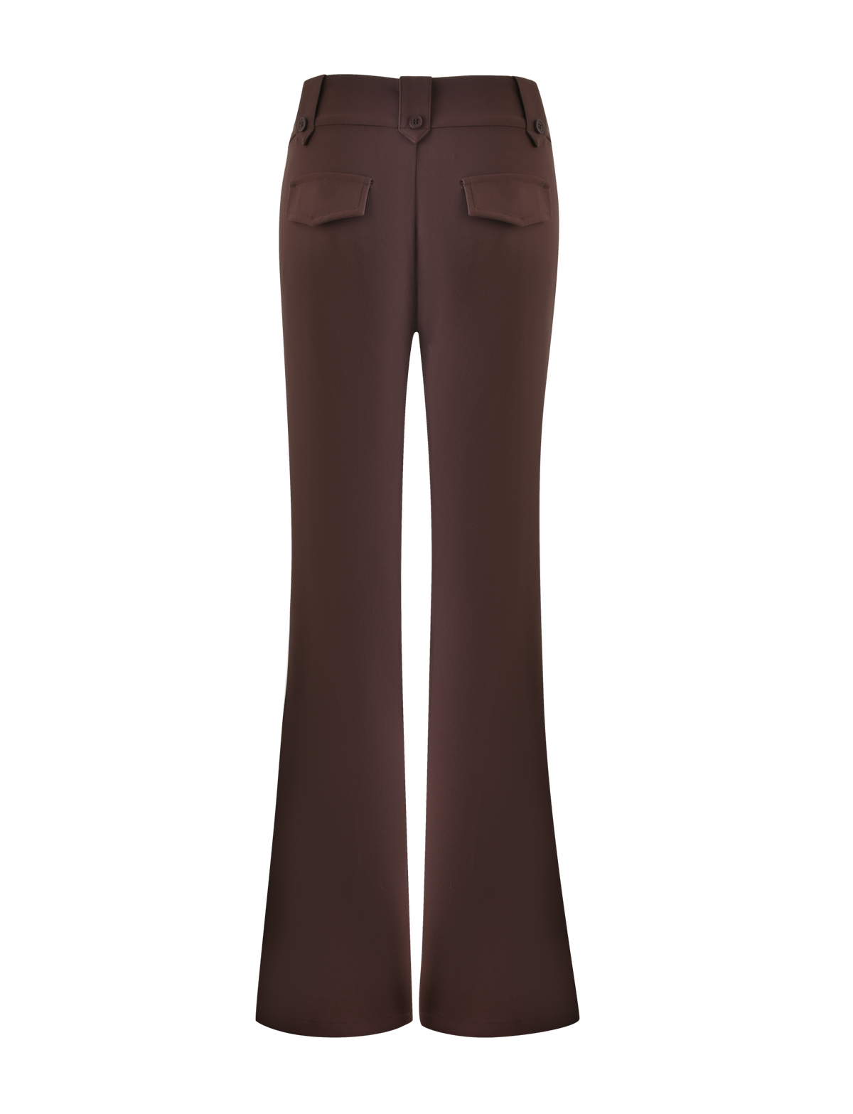 The TIGERMIST KITTIE PANT - BROWN : CHOCOLATE features a high-waisted fit, shown from the back with two buttoned flap pockets, an asymmetrical waistband, and long, slightly flared legs for a modern look.