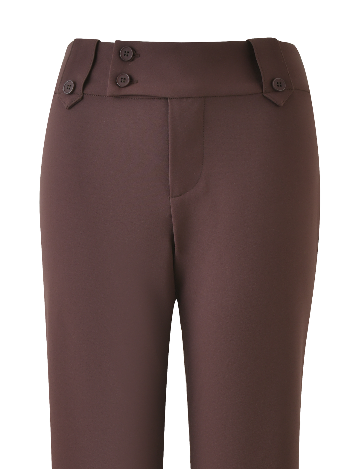 A close-up of the TIGERMIST KITTIE PANT - BROWN : CHOCOLATE, showcasing high-waisted chocolate trousers with an asymmetrical waistband, two side buttons, and a concealed front fly.
