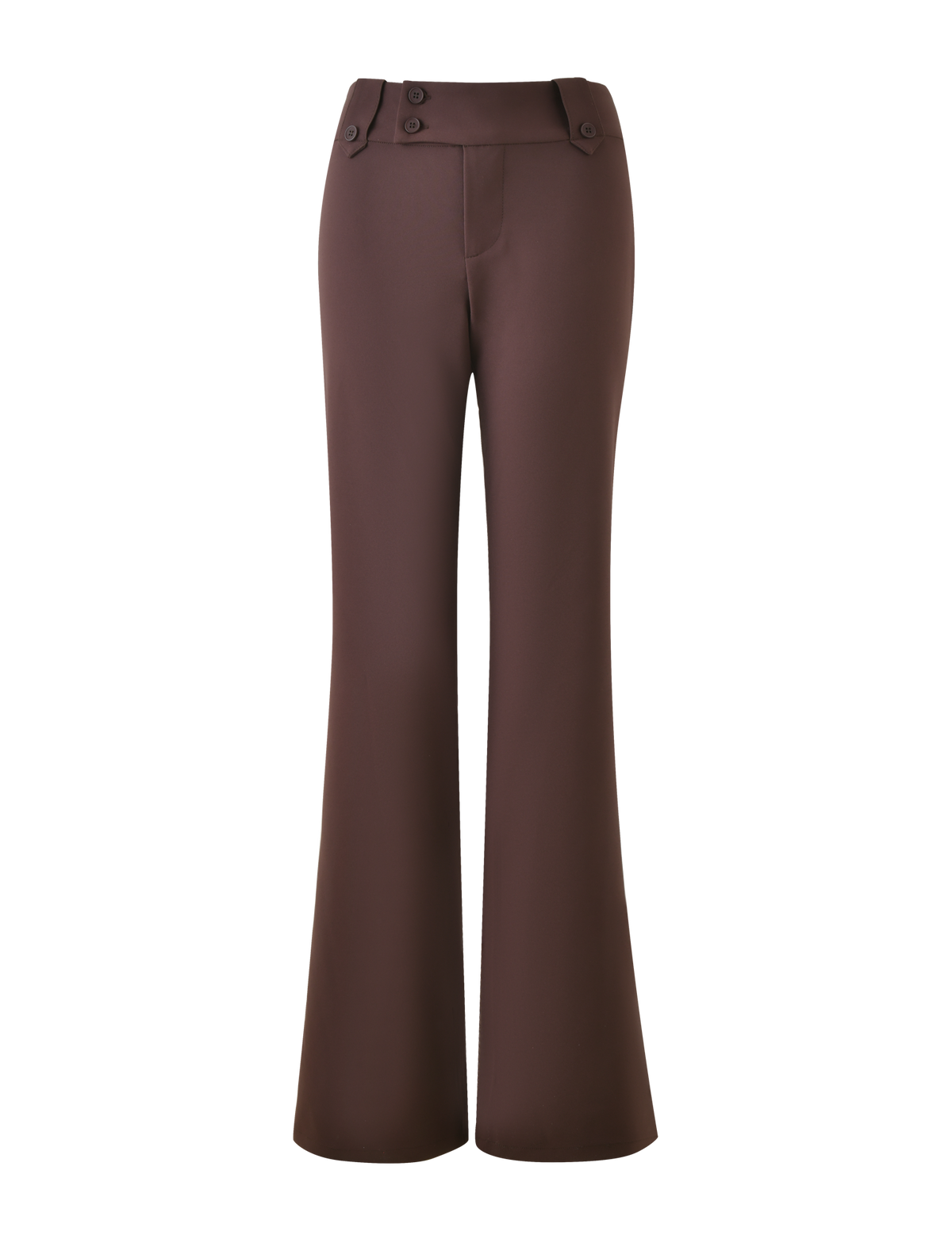 The TIGERMIST KITTIE PANT - BROWN : CHOCOLATE is a high-waisted pant featuring a flare fit and two decorative waistband buttons, shown against a plain background.