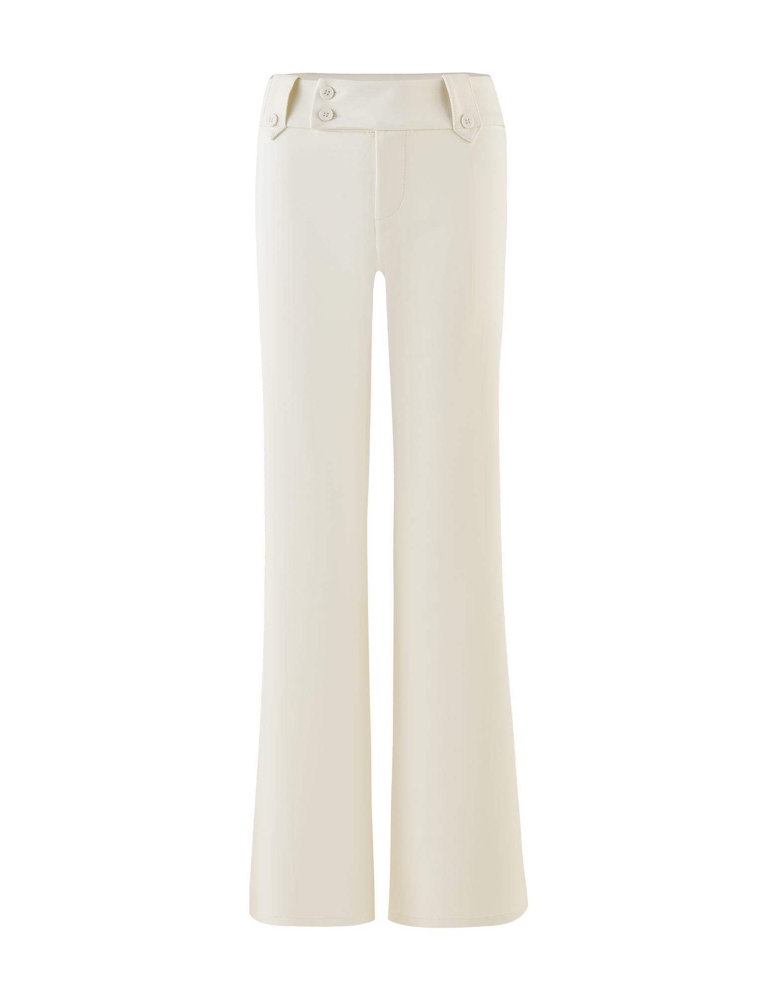 The TIGERMIST KITTIE PANT - WHITE : CREAM is a high-waisted, wide-leg pant with a subtle flare, front leg seams, two waistband buttons, and decorative side flaps.