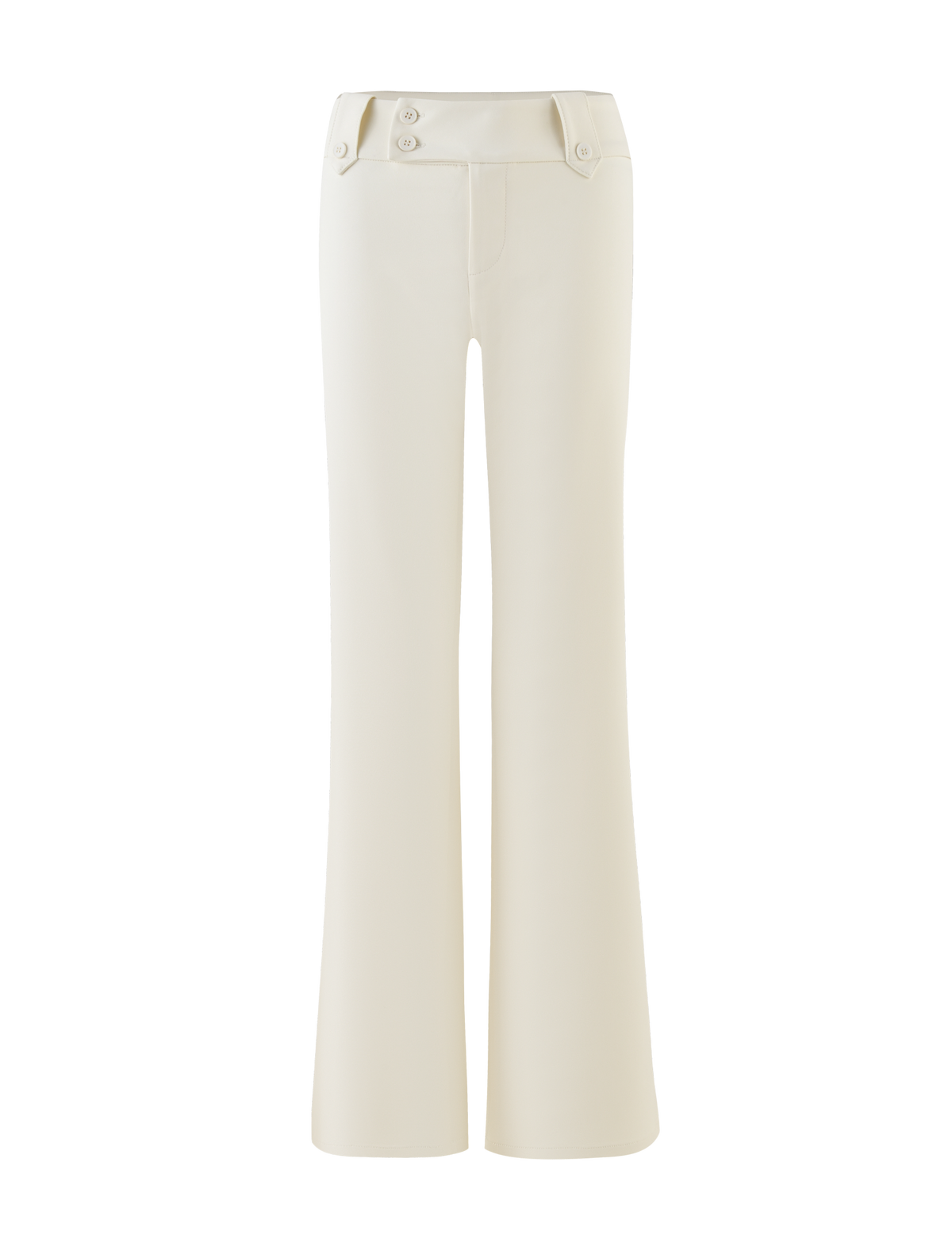 The TIGERMIST KITTIE PANT - WHITE : CREAM is a high-waisted, wide-leg pant with a subtle flare, front leg seams, two waistband buttons, and decorative side flaps.