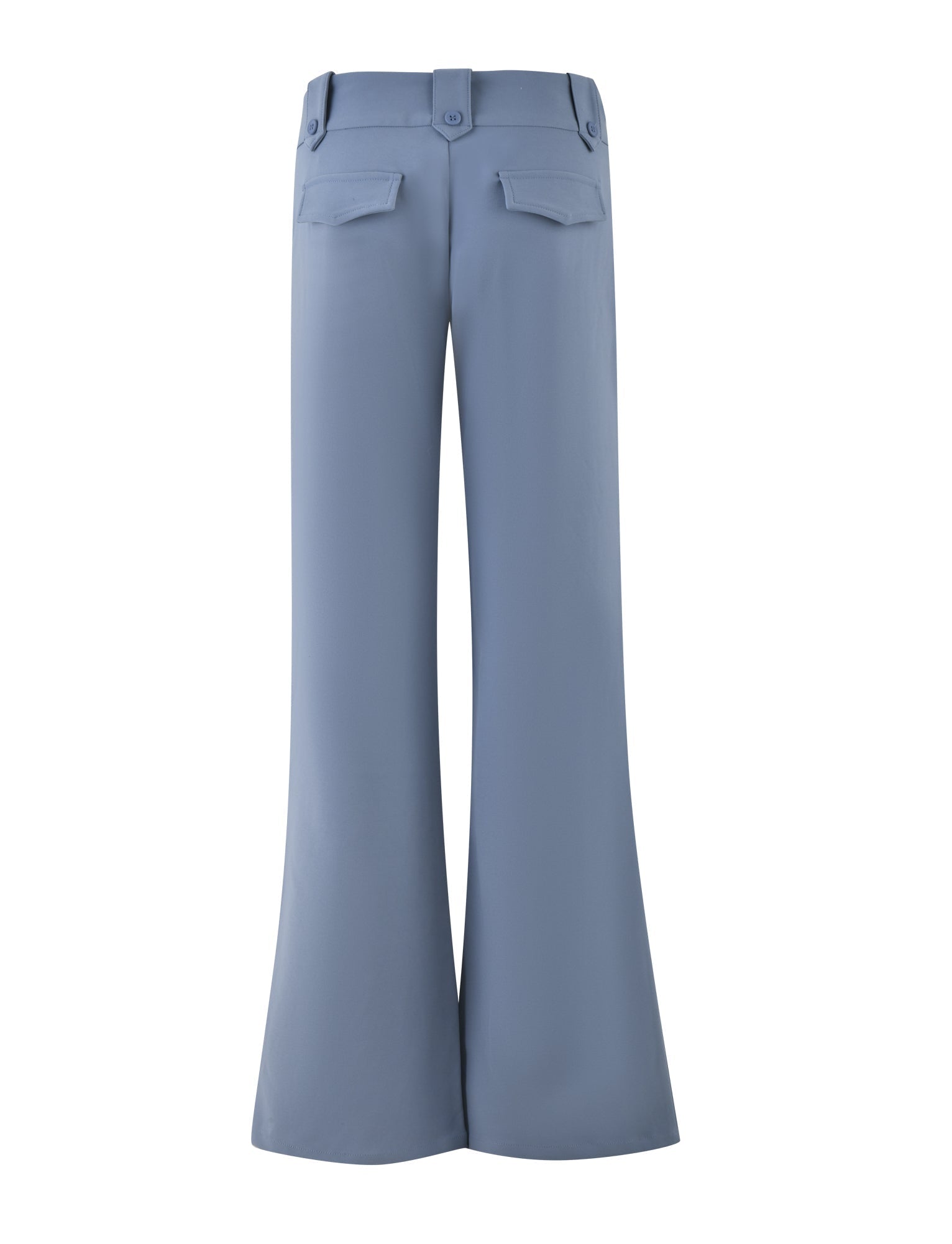 The KITTIE PANT - BLUE by TIGERMIST showcases a high-waisted, wide-leg design in steel blue, complete with back flap pockets and button closures, adding chic elegance to any wardrobe.