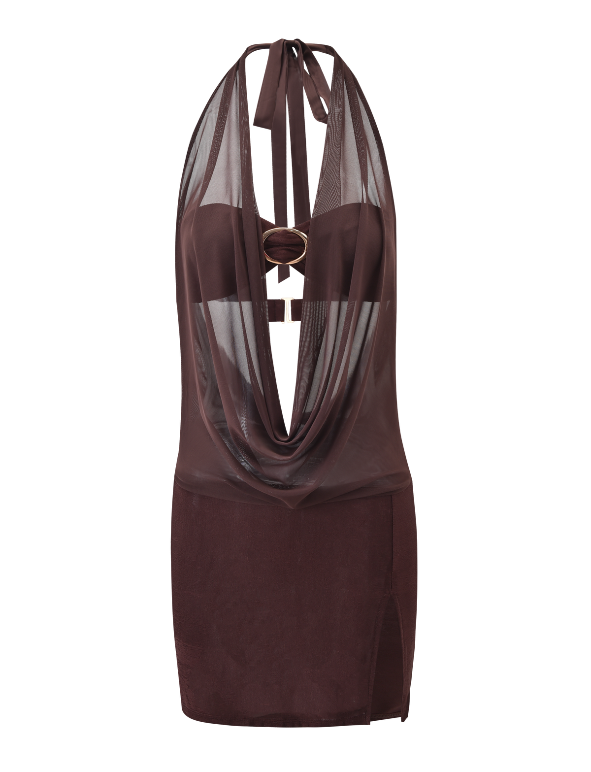 The MAKENA TWO-PIECE DRESS by TIGERMIST features a chocolate mesh design with a sleeveless, sheer draped halter neckline, front cut-out, and high side slit.