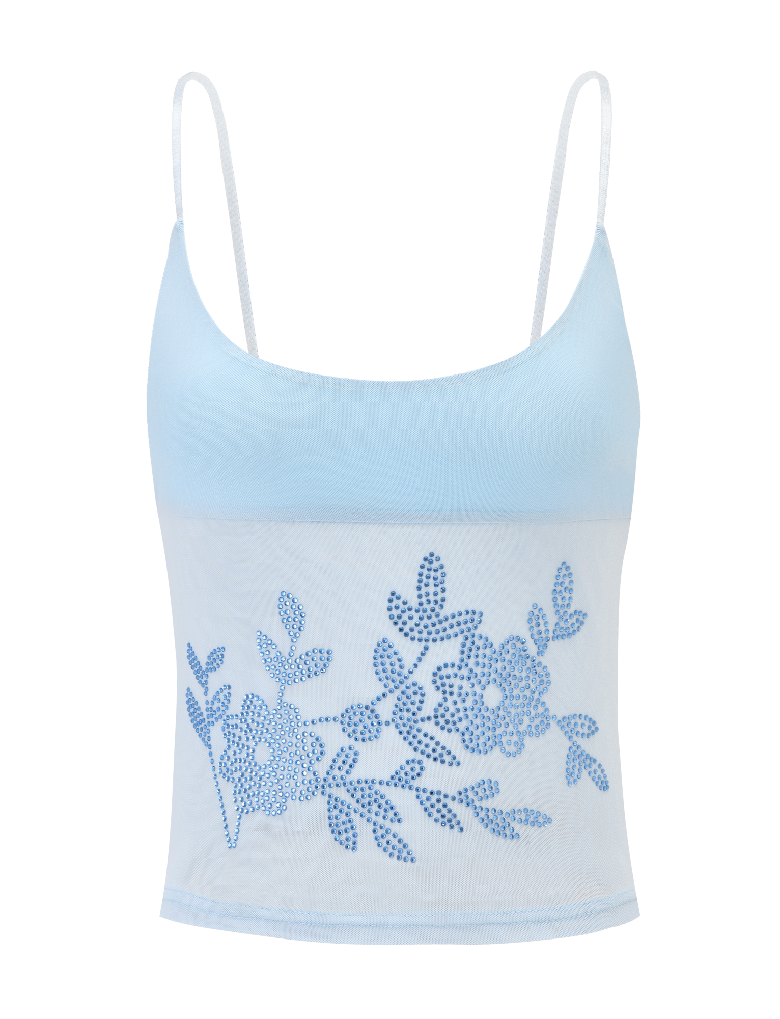 The CL - OCTAVIA TOP by tigermist-twp-dev is a light blue spaghetti strap crop top with a sheer front panel embroidered with blue florals.