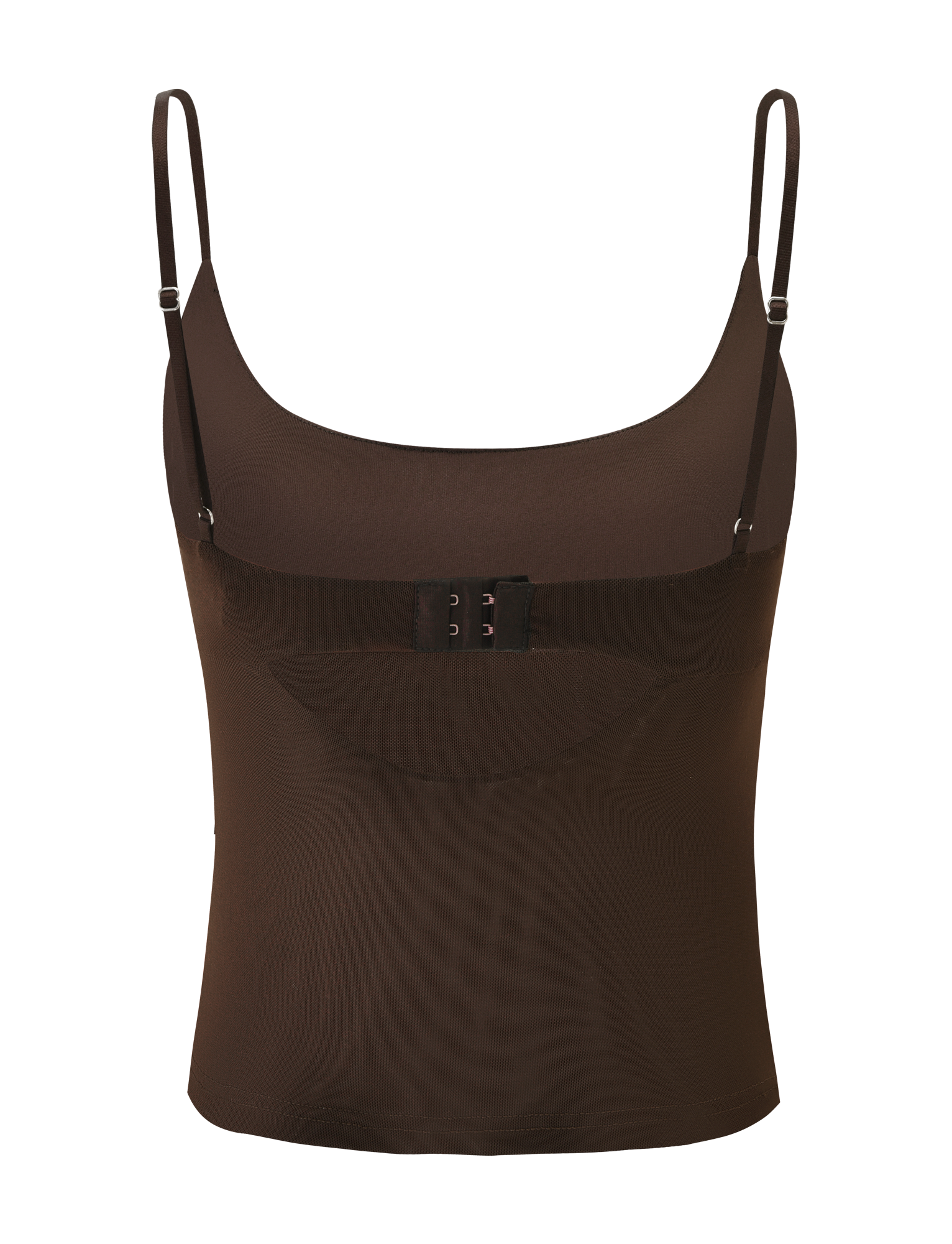 The CL - OCTAVIA TOP by tigermist-twp-dev is a brown camisole featuring adjustable spaghetti straps, a front hook-and-eye closure across the chest, and smooth, stretchy fabric.