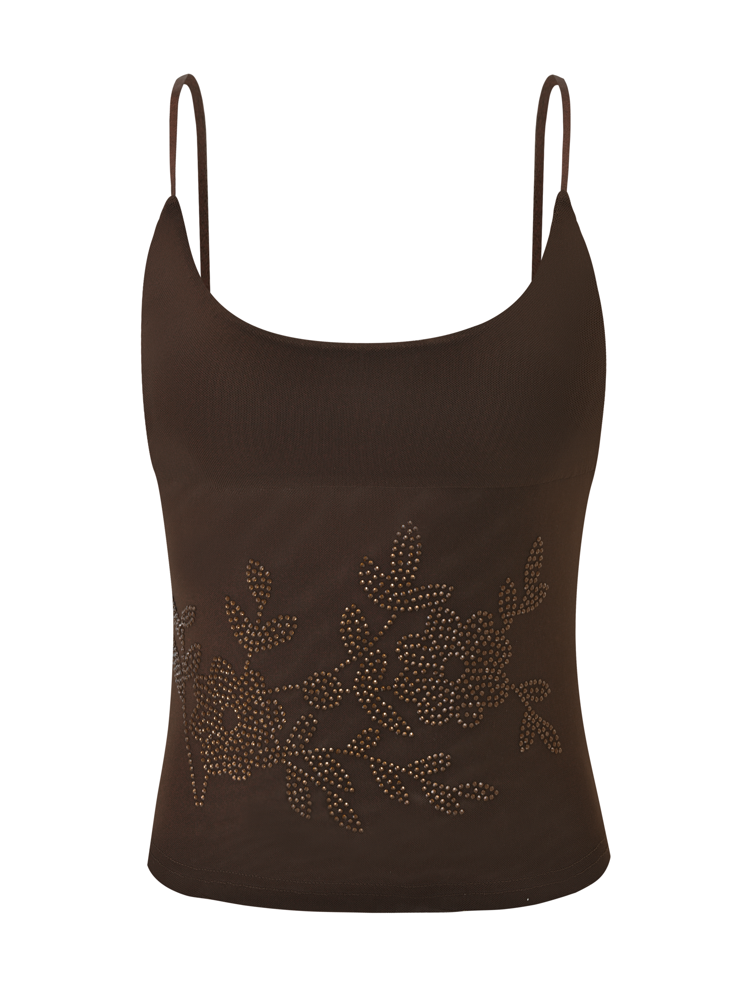 The CL - OCTAVIA TOP by tigermist-twp-dev is a brown sleeveless crop top with thin straps and a scoop neckline, adorned on the front with a floral pattern made of small gold studs.