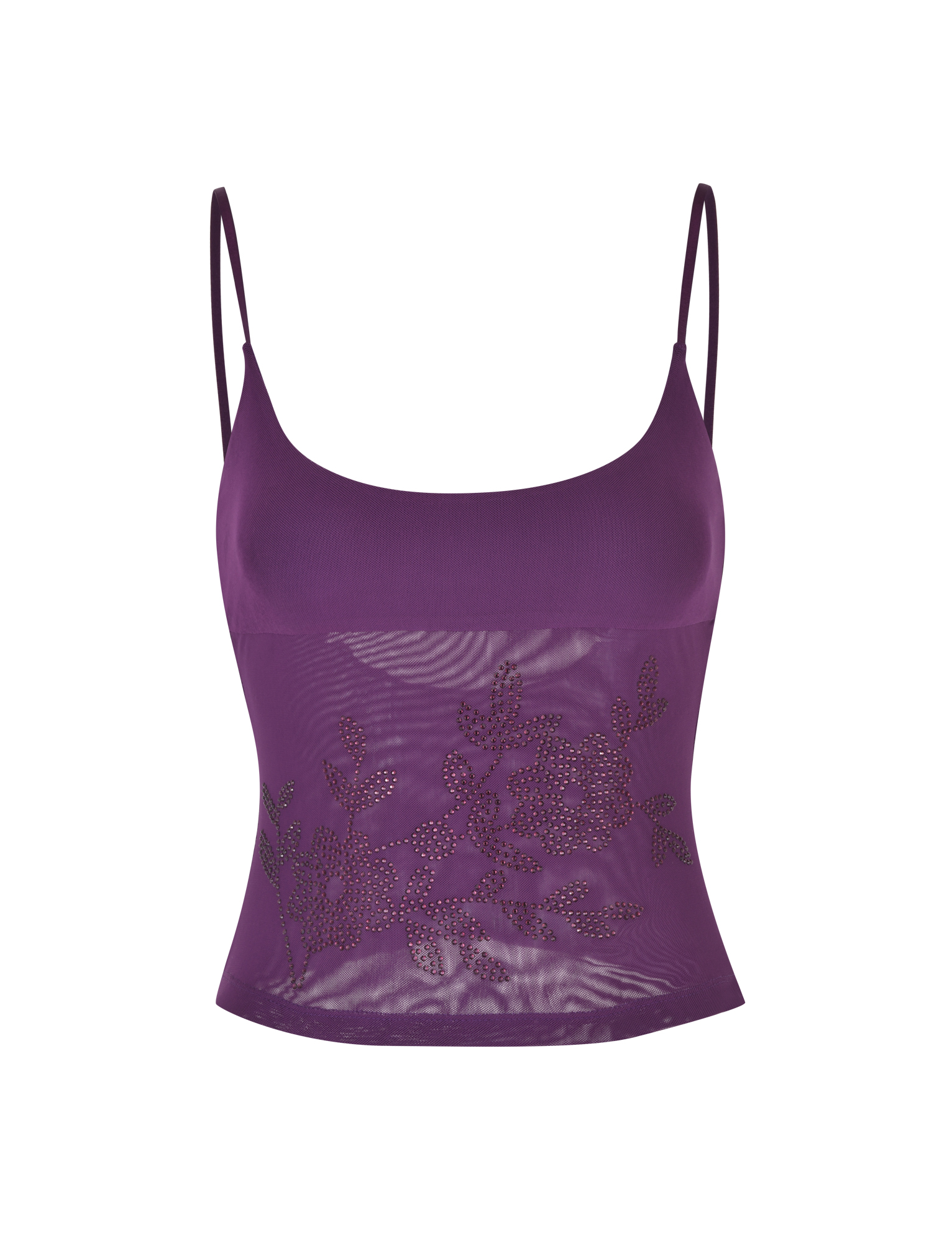 The OCTAVIA TOP by TIGERMIST is a purple spaghetti-strap camisole with adjustable straps and a sheer midsection adorned with small rhinestone floral embellishments, shown on a white background.