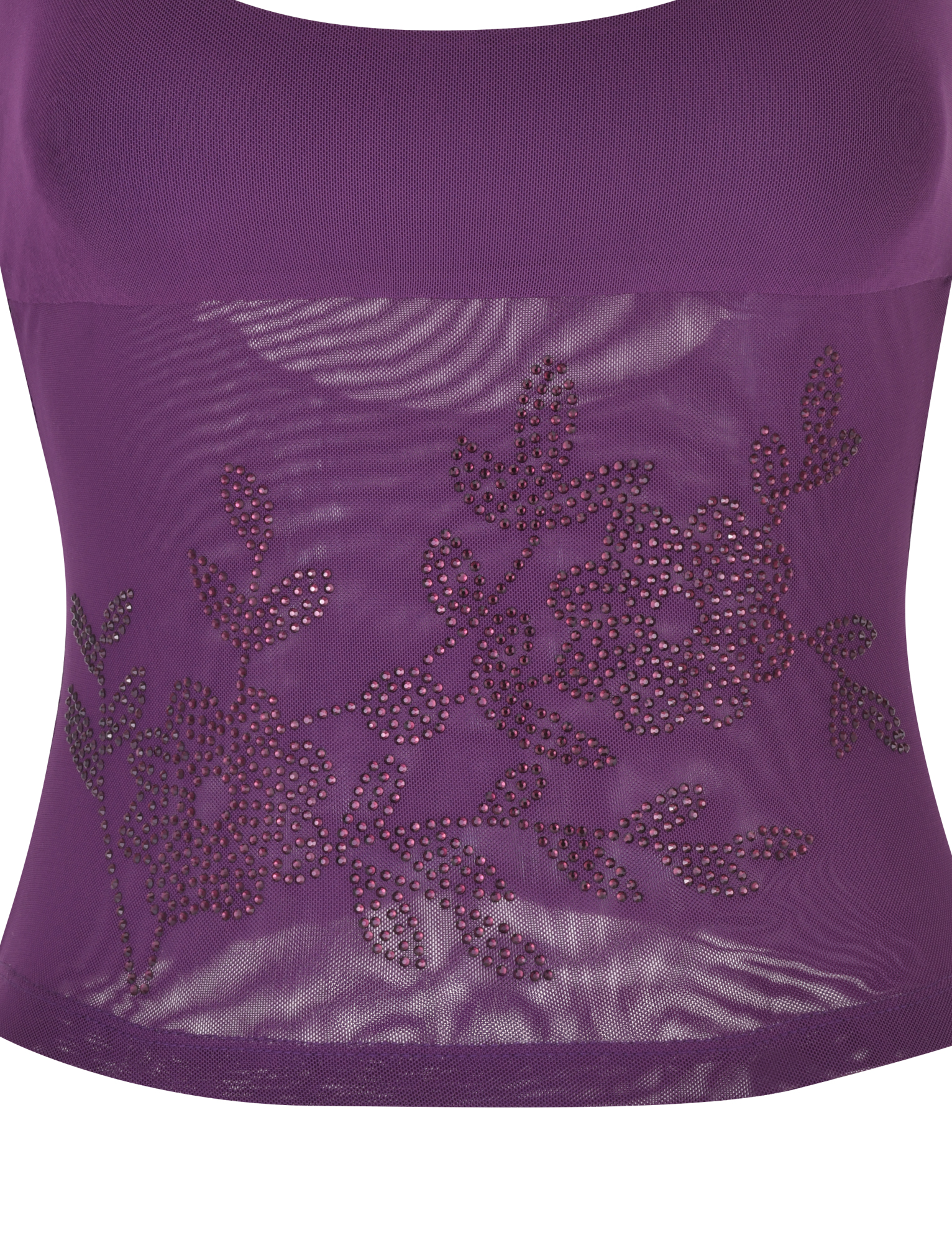 The OCTAVIA TOP - PURPLE by TIGERMIST is a sheer purple mesh top with small rhinestone floral embellishments, elegantly covering the midsection.