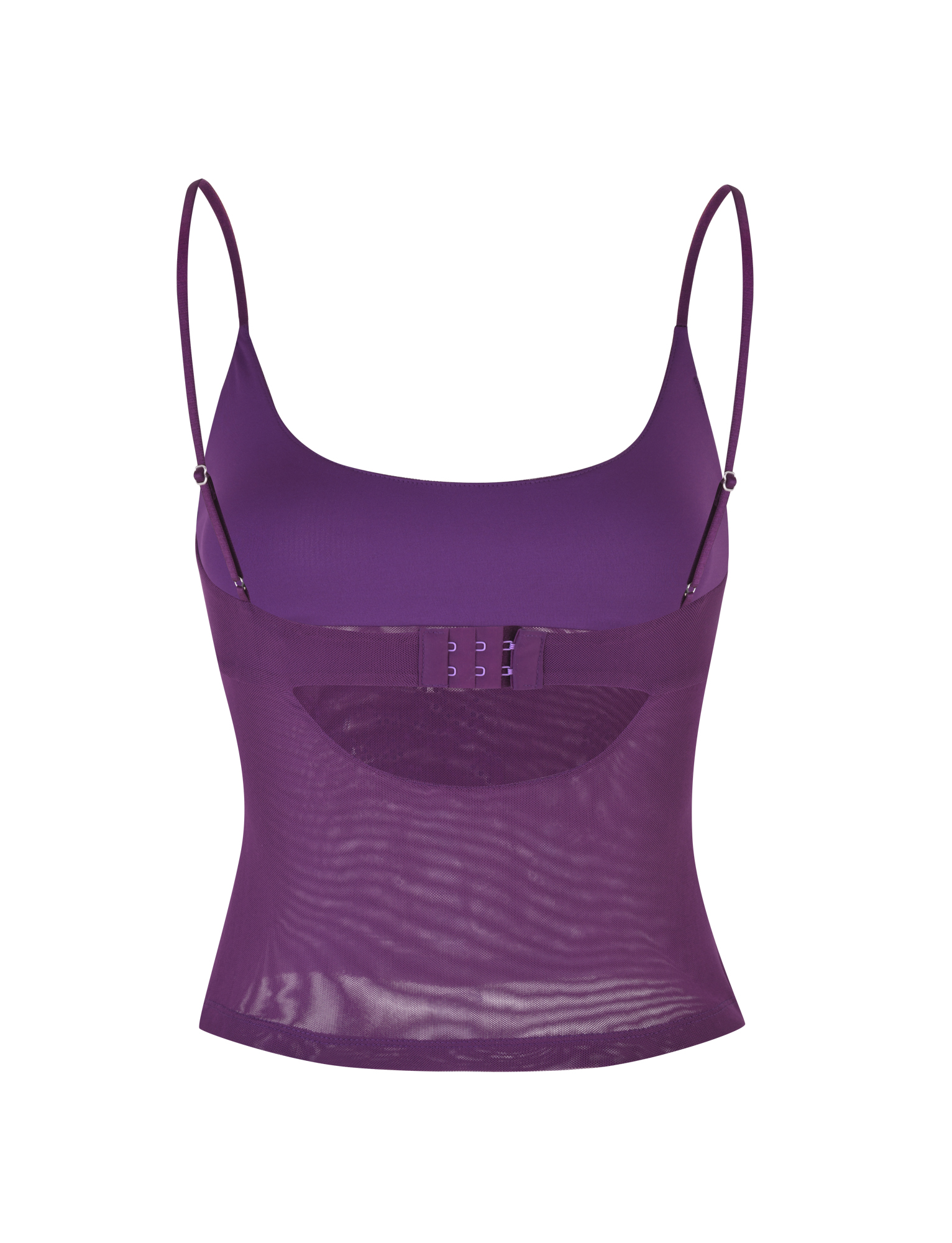 The OCTAVIA TOP - PURPLE by TIGERMIST is a sheer mesh camisole featuring thin adjustable straps and a hook-and-eye back closure, shown against a white background.