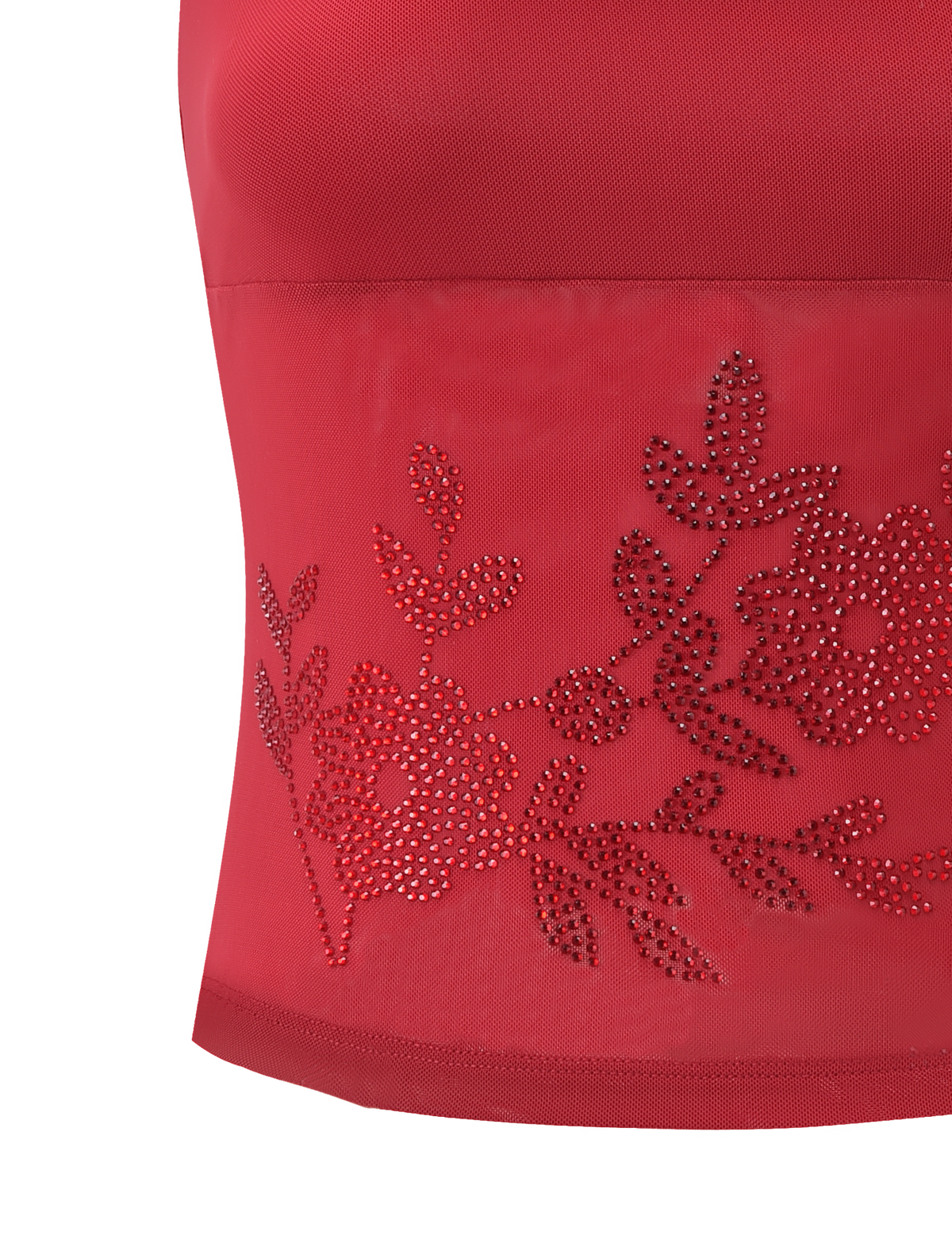 A close-up of the TIGERMIST OCTAVIA TOP - RED, showcasing its sheer mesh panel decorated with rhinestone floral and leaf designs.