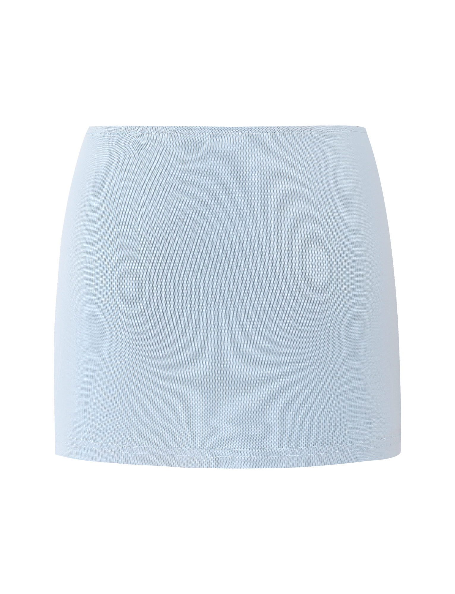 The OCTAVIA MINI SKIRT by TIGERMIST is a light blue, high-waisted mini skirt with subtle floral embellishments, shown against a white background.