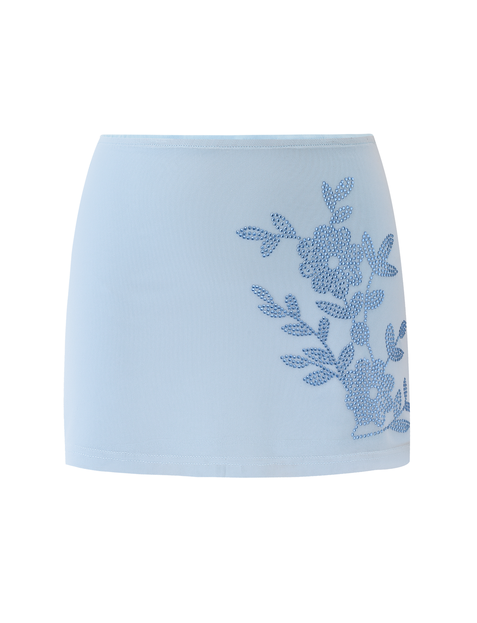 The OCTAVIA MINI SKIRT in baby blue by TIGERMIST features a straight cut and delicate blue floral and leaf embellishment on one side, with no visible waistband or fastenings.