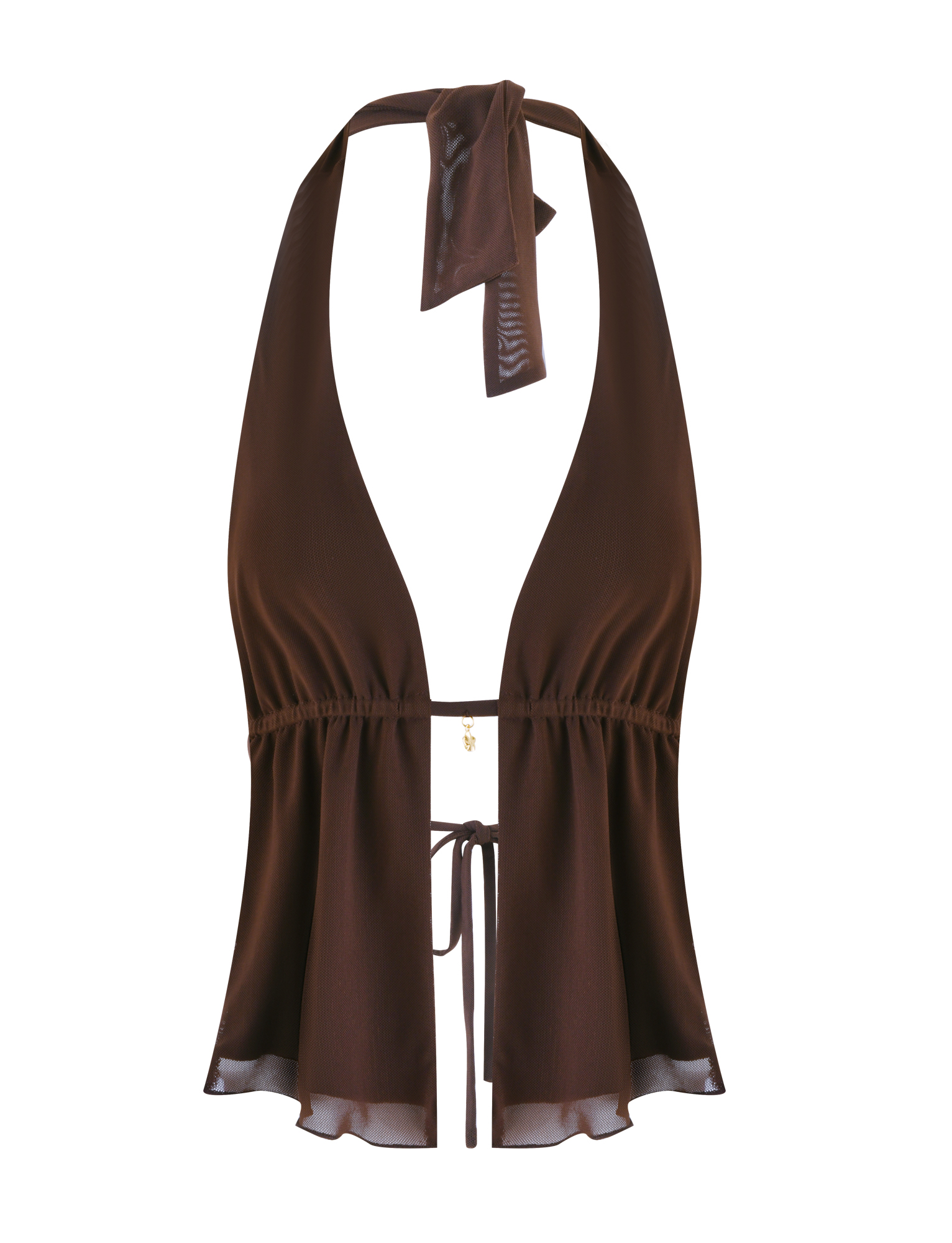 The ESHA TOP - BROWN : CHOCOLATE by TIGERMIST features a brown halter neckline with adjustable ties, deep V-neck, gathered waistband, front tie closure, flared hem, and lightweight, slightly sheer mesh fabric.