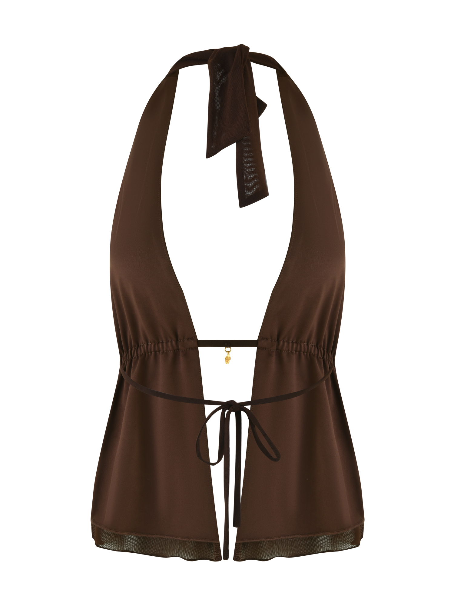 The ESHA TOP - BROWN : CHOCOLATE by TIGERMIST is a brown mesh halter neck top with a deep V neckline, open front, adjustable ties at neck and waist, relaxed fit, and subtle flare at the hem.