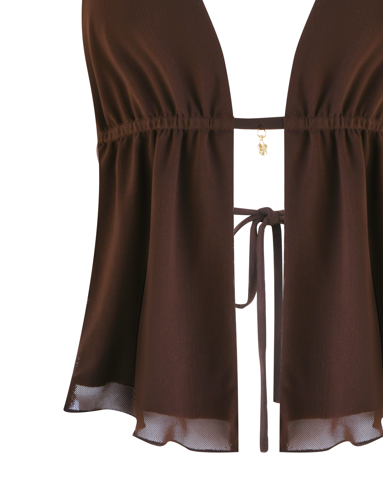 The TIGERMIST ESHA TOP - BROWN : CHOCOLATE is a brown sleeveless crop top with a deep V-neckline, loose flowy fit, adjustable front tie at midsection, and lightweight slightly sheer mesh-like fabric at the hem.