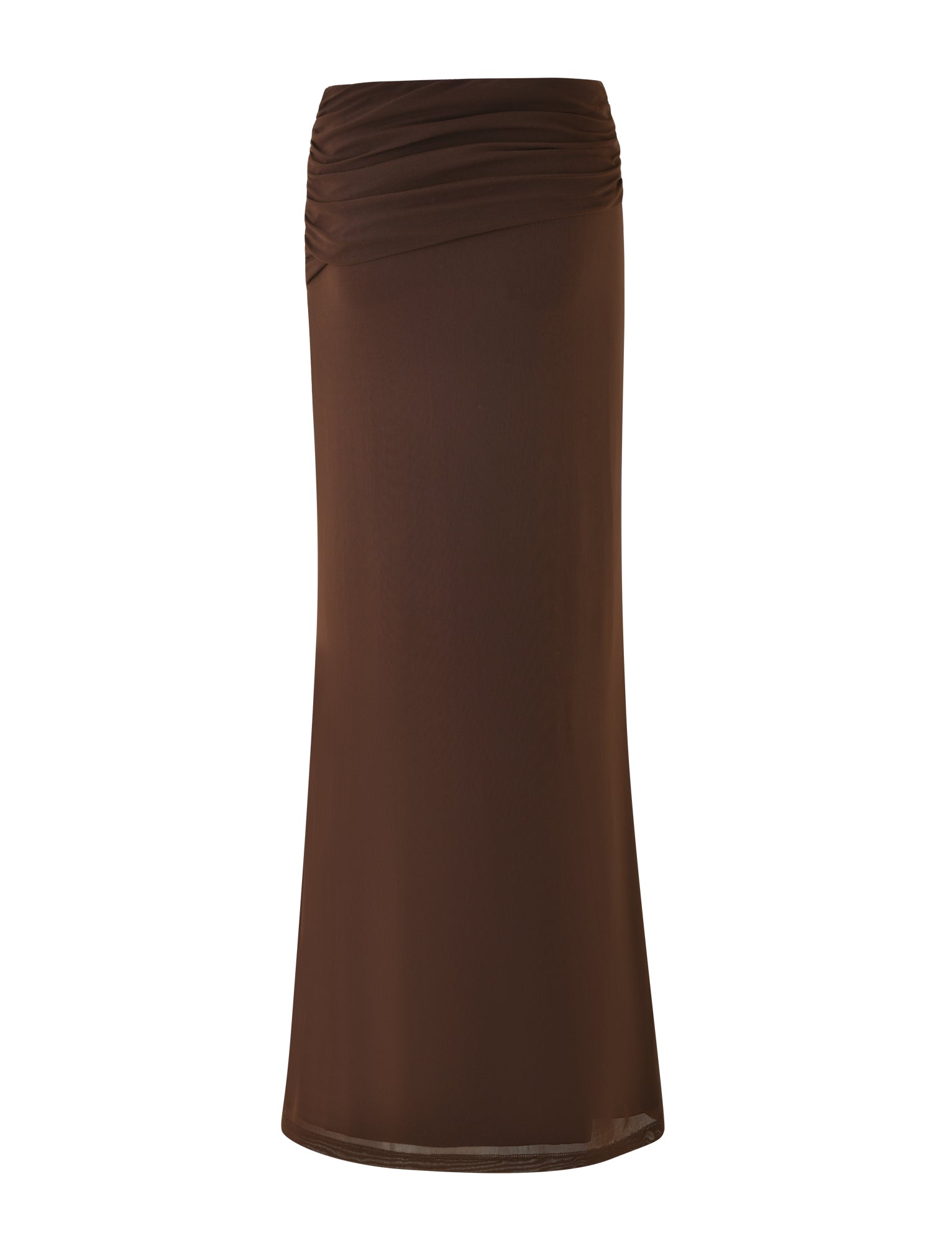 The TIGERMIST ESHA MAXI SKIRT in Chocolate is a knee-length brown skirt with a slightly asymmetrical waistband, shown on a white background.