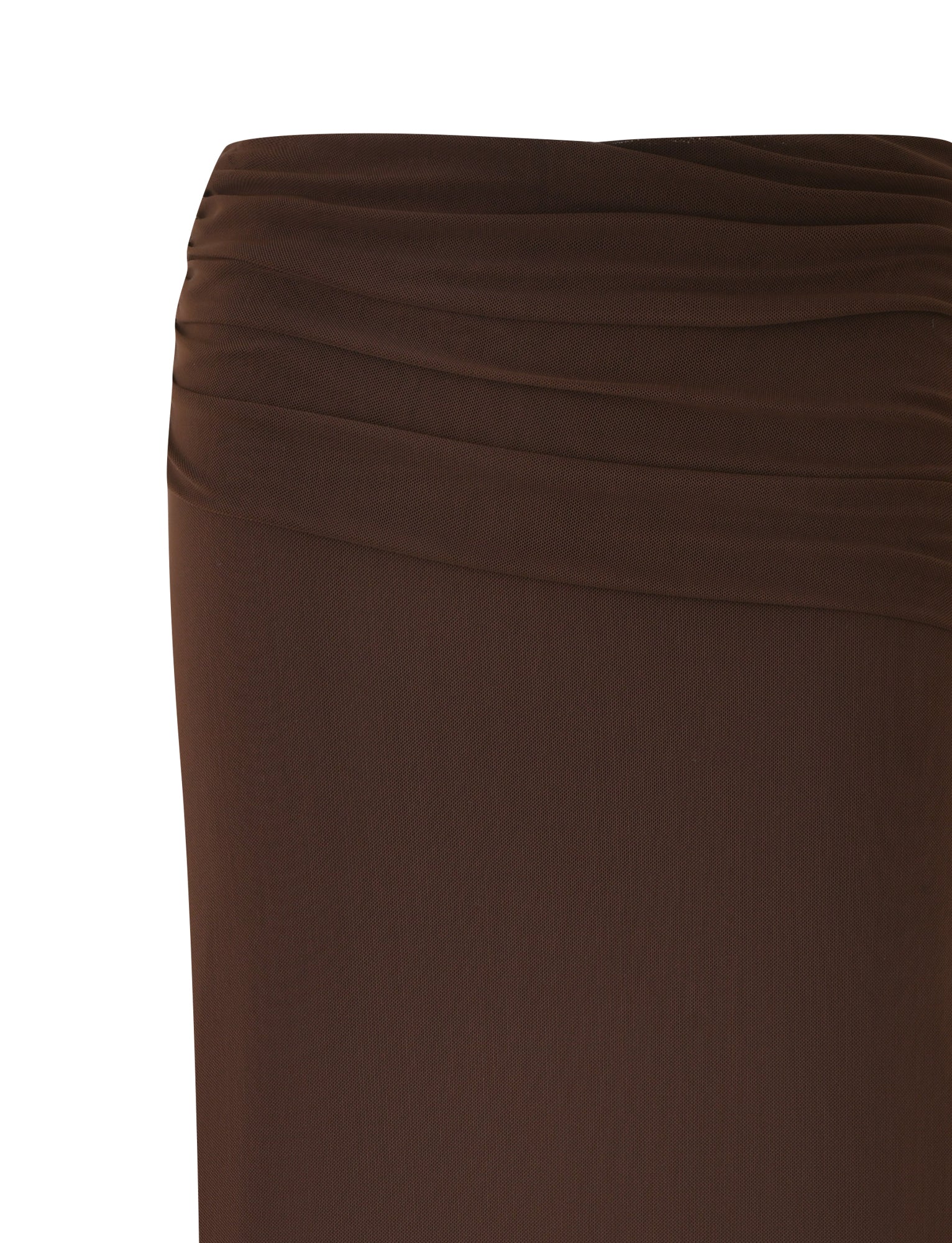 A close-up of the Tigermist Esha Maxi Skirt in Chocolate shows a smooth brown fabric with ruching at the top, hanging naturally as an A-line skirt.