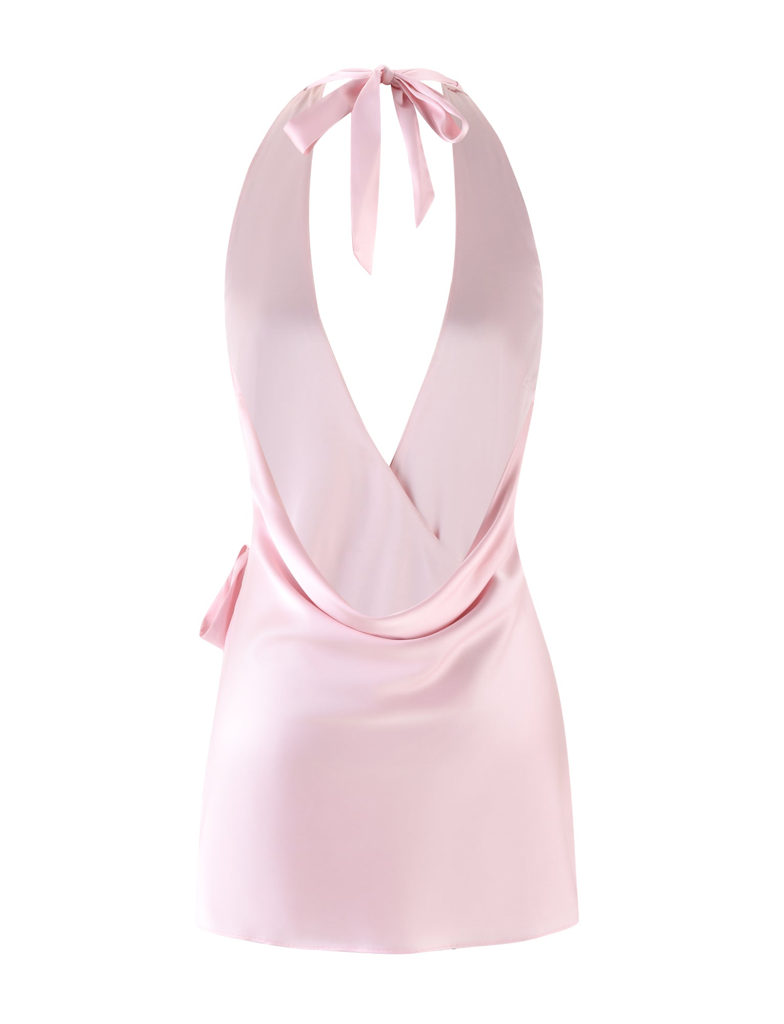 A pastel pink satin halter tie top from TIGERMIST, featuring a plunging neckline and an open back tied with a ribbon at the neck. The fabric drapes elegantly, evoking the soft, flowing allure of the Monroe 2.0 Mini Dress.