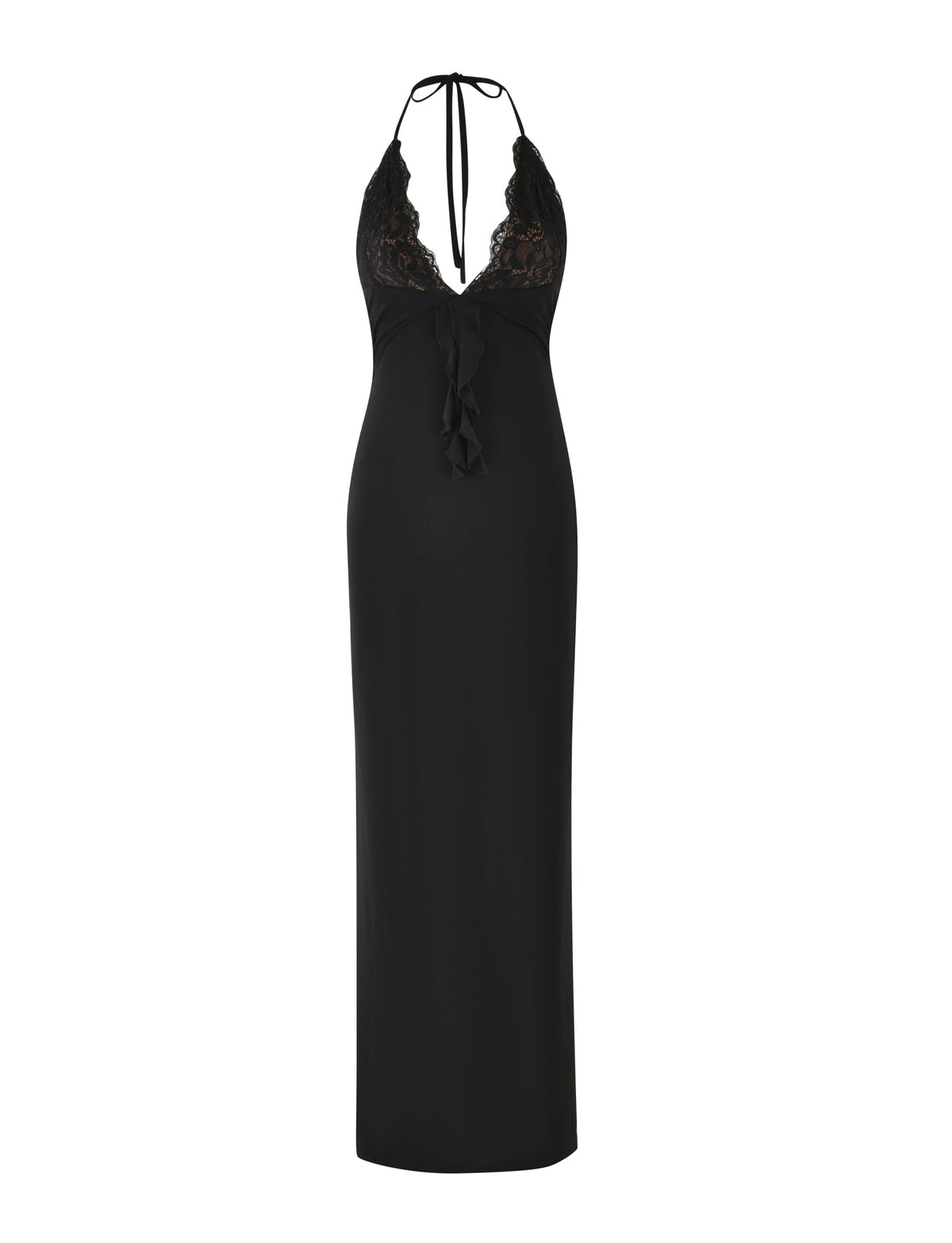 The DEENA MAXI DRESS - BLACK by TIGERMIST is a breathtaking sleeveless evening gown with lace bust cups on a halter bodice. It showcases a plunging neckline and tie-back design, offering a fitted silhouette and maxi length for an elegant appearance.
