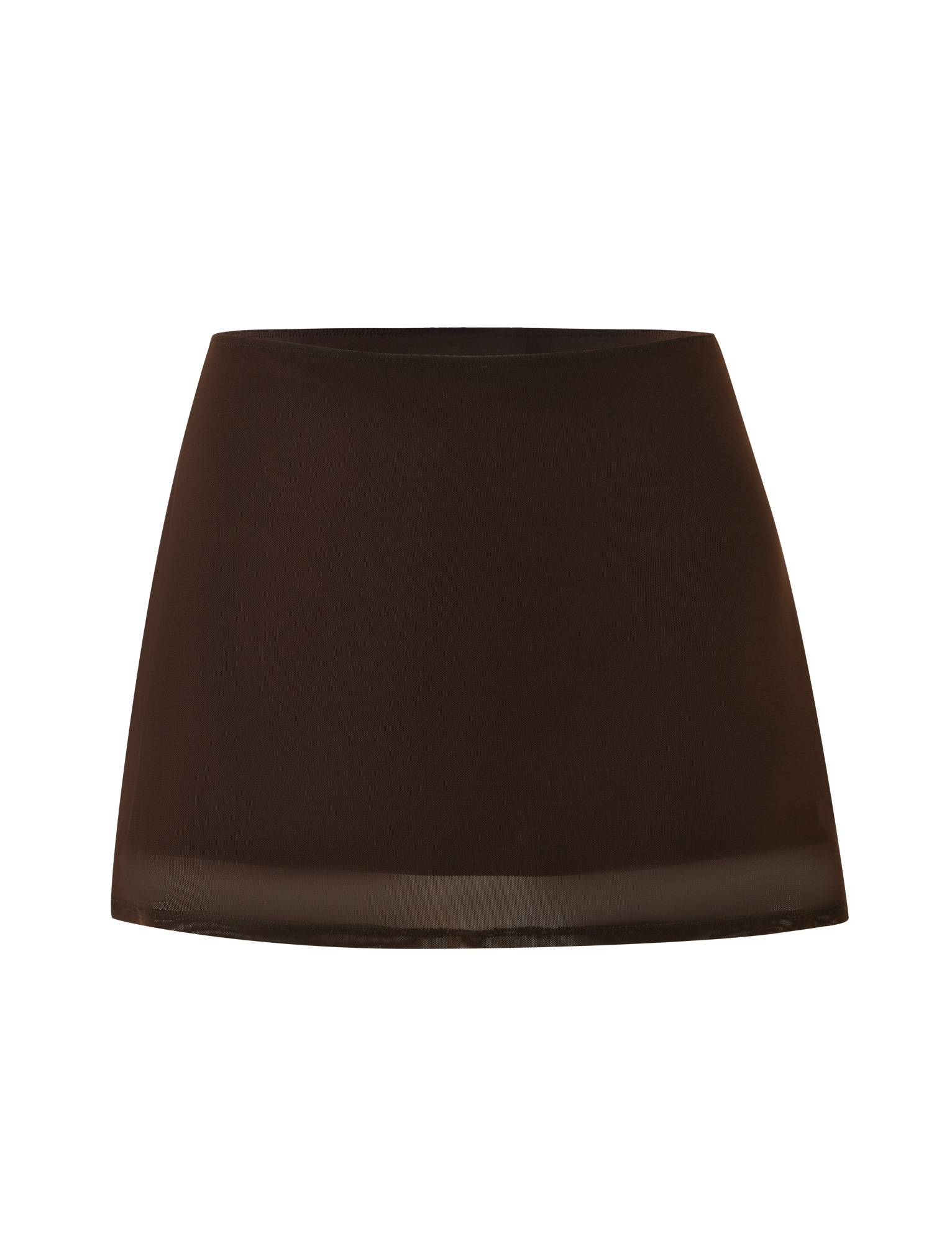 The TIGERMIST OCTAVIA MINI SKIRT - BROWN : CHOCOLATE is a high-waisted, fitted mini skirt in shiny, chocolate brown stretch fabric, shown against a white background.