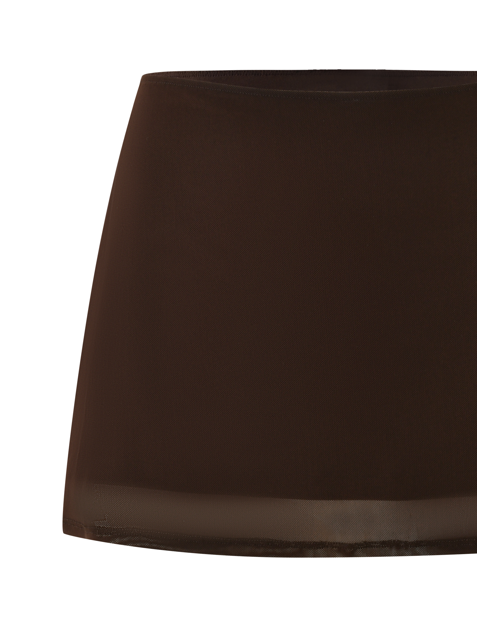 The TIGERMIST OCTAVIA MINI SKIRT - BROWN : CHOCOLATE is a high-waisted, fitted mesh mini skirt in chocolate brown, made from smooth, slightly translucent stretch fabric with a simple straight cut and no visible embellishments.