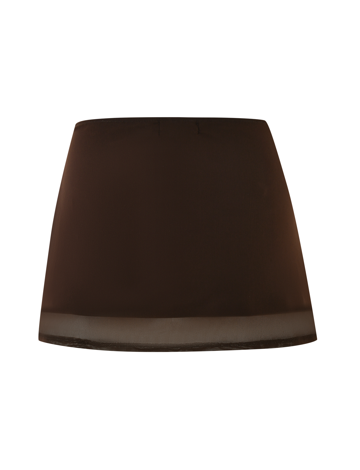 The OCTAVIA MINI SKIRT - BROWN : CHOCOLATE by TIGERMIST is a fitted, high-stretch mini skirt in chocolate brown with a straight cut and subtle sheer trim at the hem, shown against a white background.