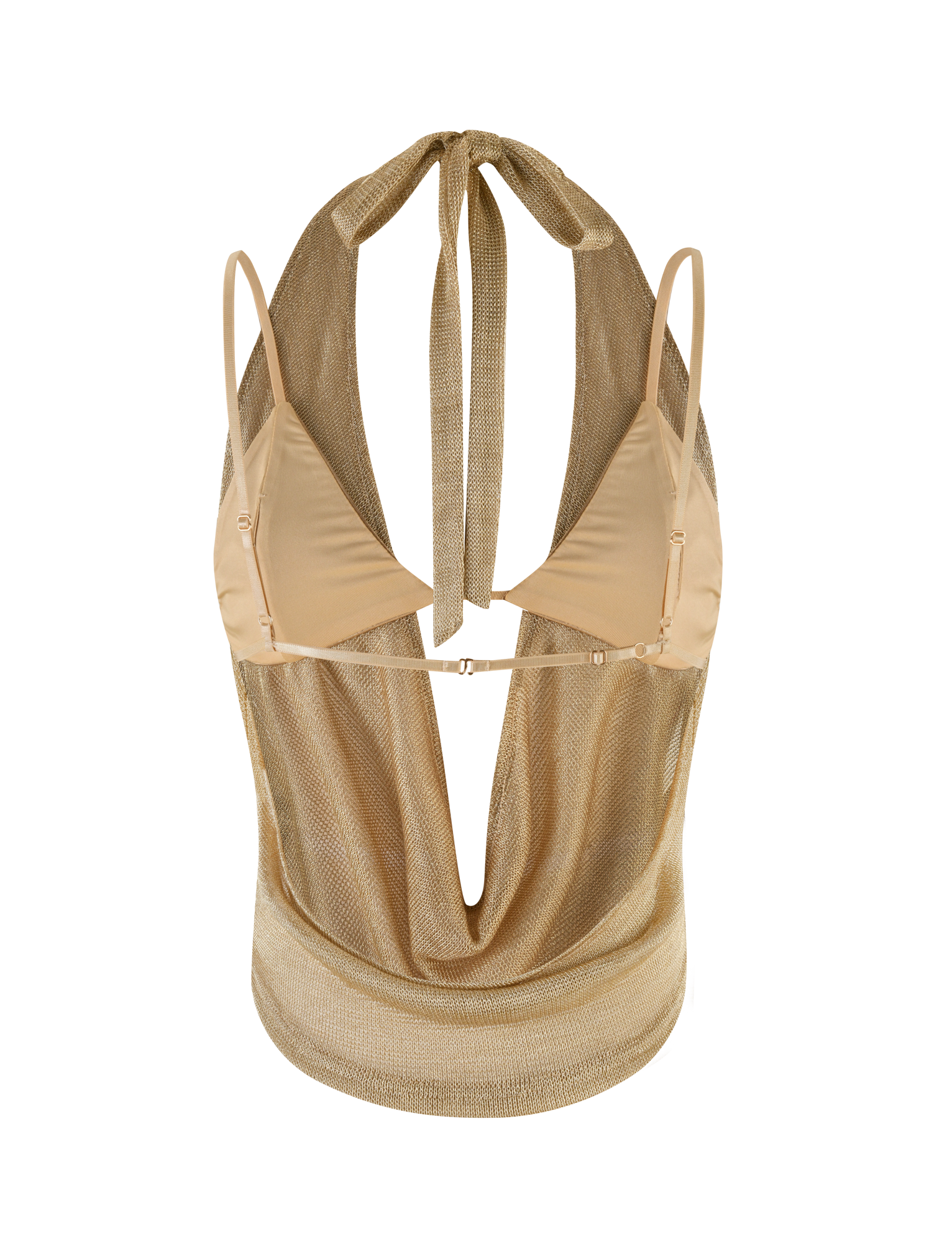 The TIGERMIST MAKENA TWO-PIECE TOP 2.0 in gold is a sleeveless top with a metallic sparkle finish, mesh cowl neck halter, and triangle-shaped cups with thin straps, shown on a plain background.