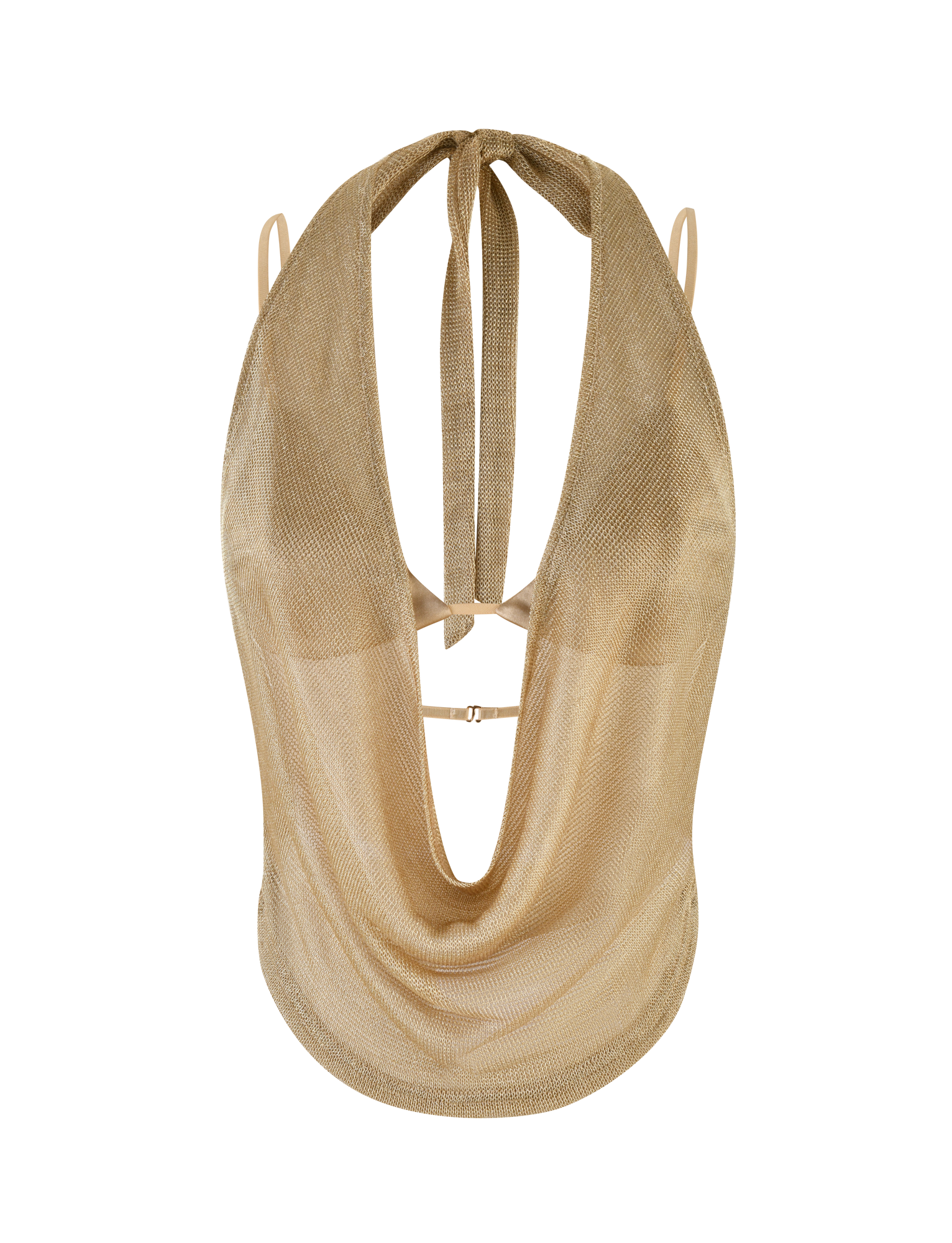 The TIGERMIST MAKENA TWO-PIECE TOP 2.0 in gold features a sleeveless, deep mesh cowl neck halter and open back, crafted from shiny sparkle fabric.