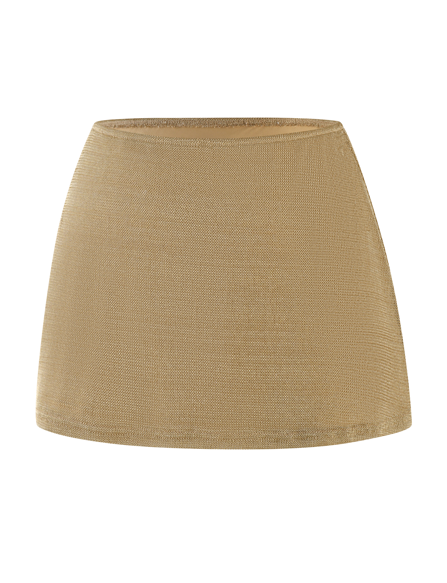 The TIGERMIST OCTAVIA MINI SKIRT - GOLD has a plain, light brown look with subtle texture and a simple, straight cut. Shown on a white background, it offers effortless style without visible zippers, buttons, or embellishments.