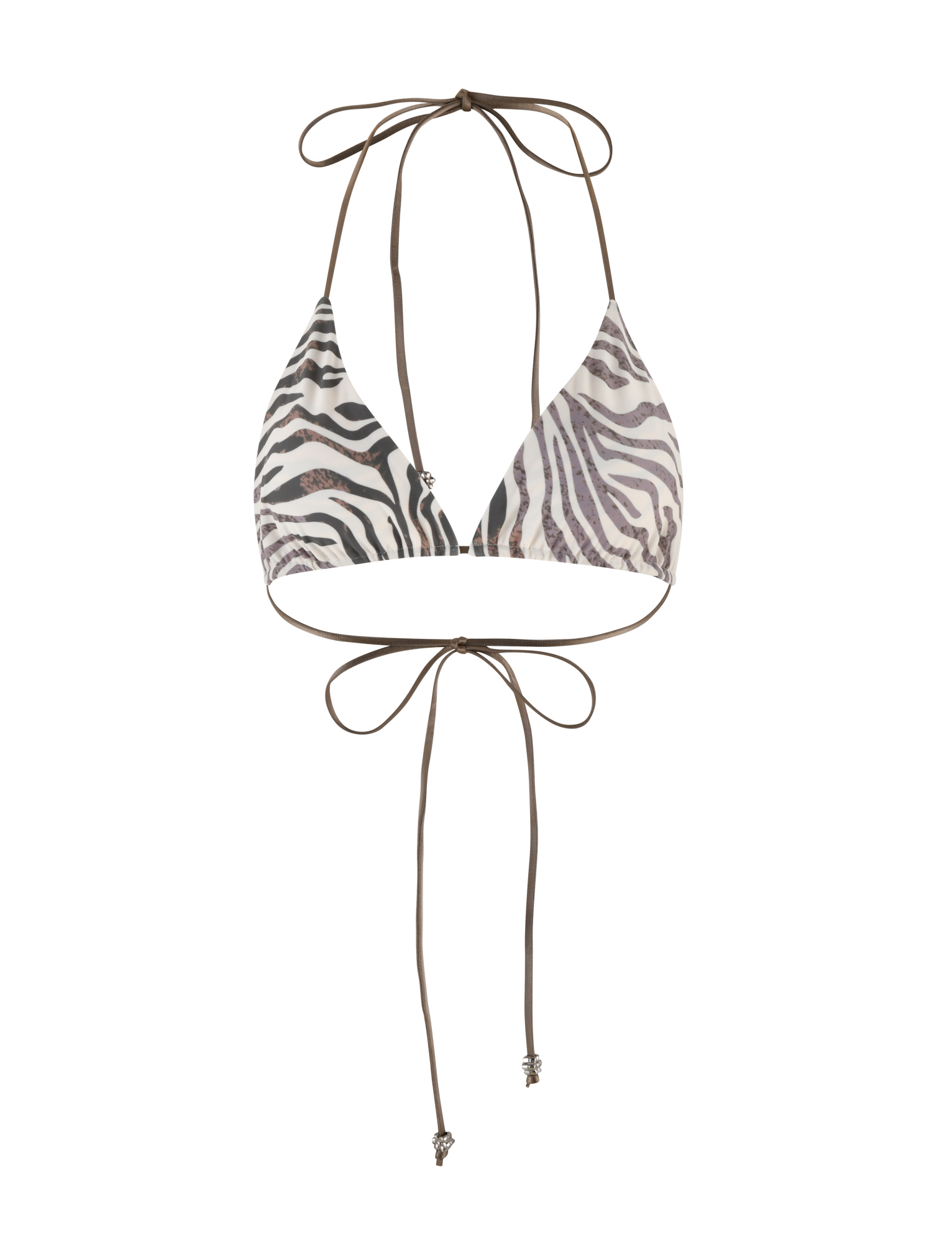 The AVE BIKINI TOP - NEUTRAL : ZEBRA by TIGERMIST features unpadded triangle cups, thin true-tie halter neck and back ties, and extra long straps designed to wrap around your torso for a stylish look.