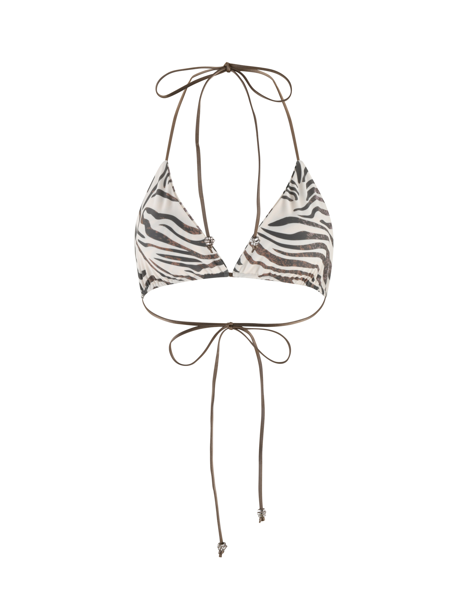 The AVE BIKINI TOP - NEUTRAL: ZEBRA by TIGERMIST features unpadded triangle cups, thin brown tie halter neck and back straps, plus long wrap-around ties for a zebra-inspired look.