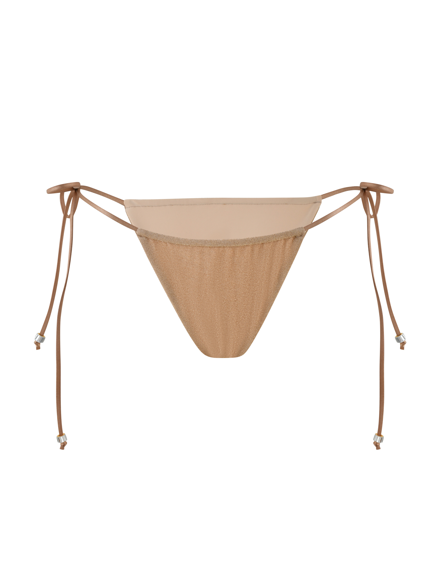 The TIGERMIST AVE BIKINI BOTTOM - GOLD features adjustable side ties with small decorative beads at the ends, a low-rise waist, and is showcased against a white background.