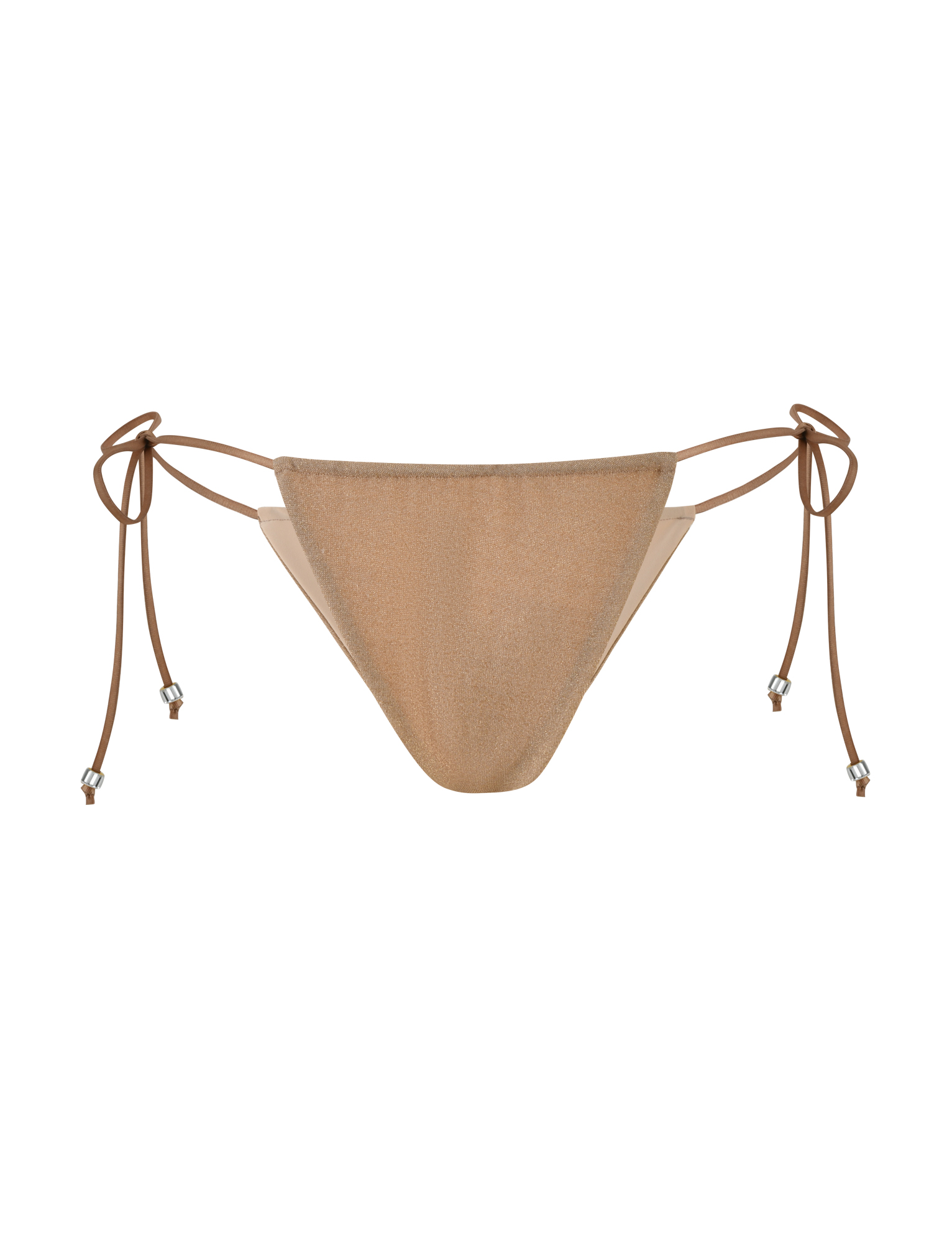 The AVE BIKINI BOTTOM - GOLD by TIGERMIST features a tan color, low-rise waist, thin adjustable side ties, and metallic bead accents, shown on a white background.