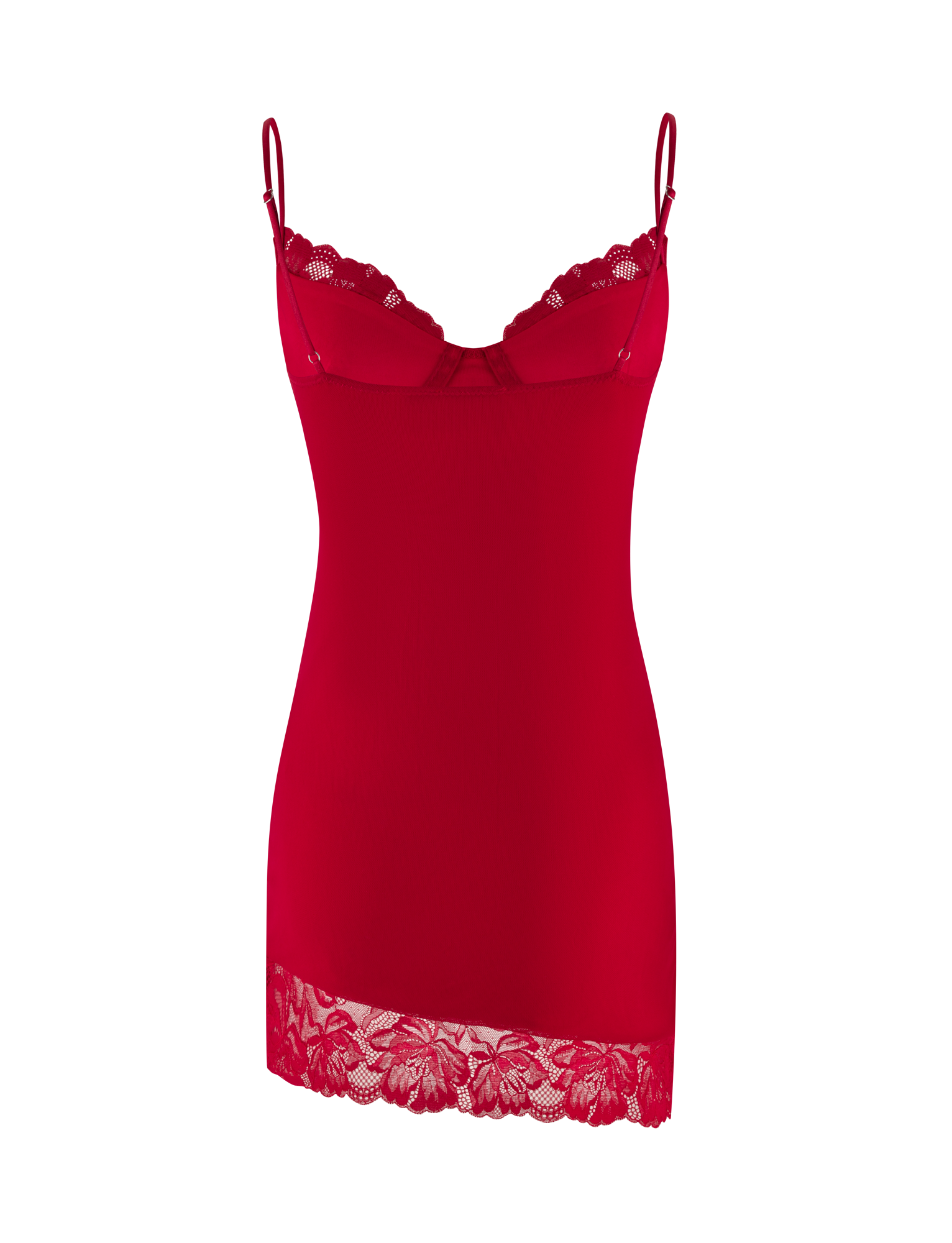 The AISLING DRESS - RED by TIGERMIST features thin shoulder straps, sheer lace at the neckline, and a floral lace hem for an alluring bodycon fit.