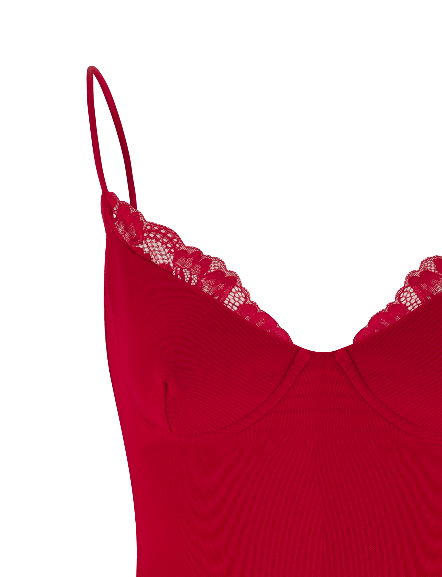 A close-up of the AISLING DRESS - RED by TIGERMIST, a bustier mini dress featuring thin straps and delicate lace trim along the neckline, displayed against a white background.