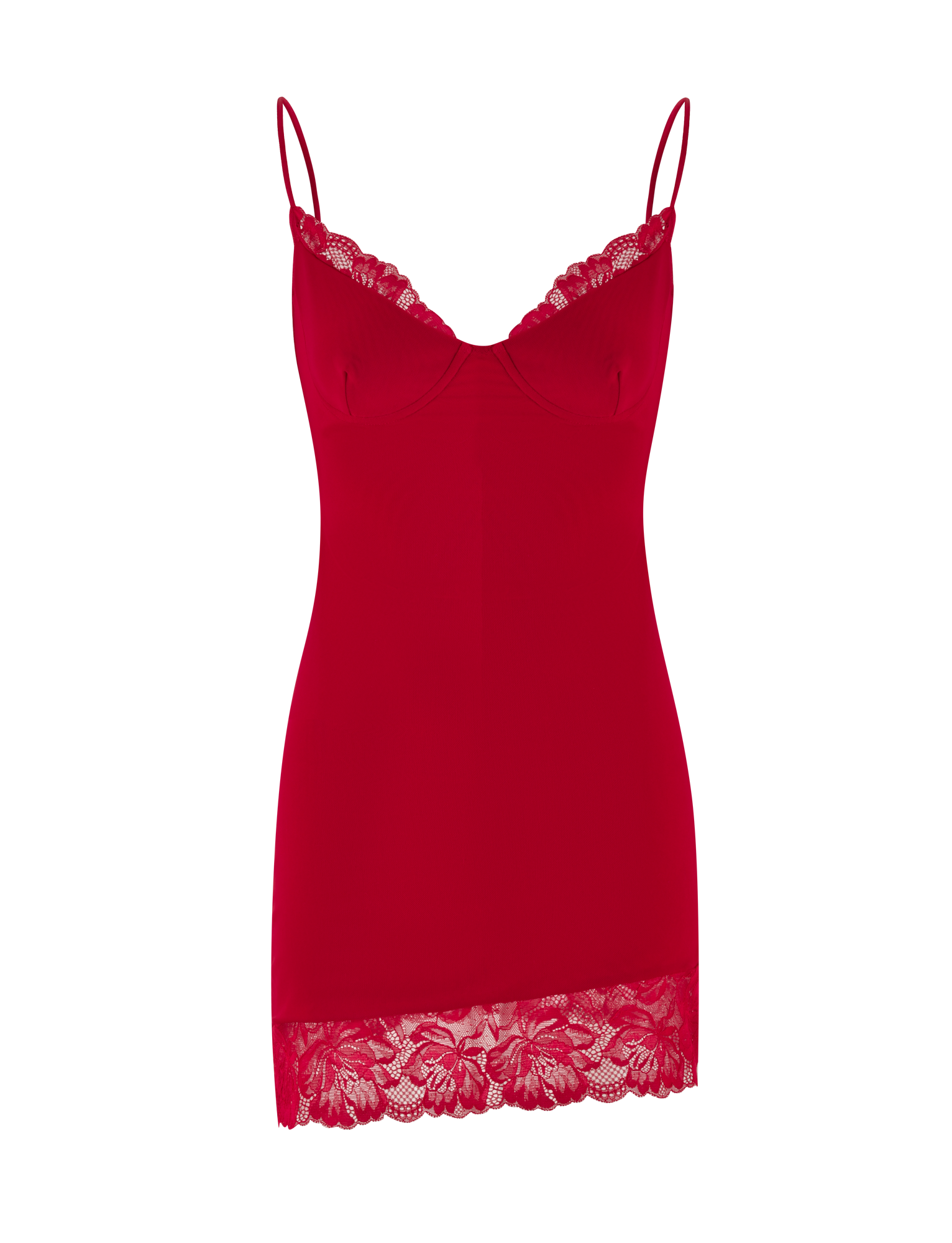 The AISLING DRESS - RED by TIGERMIST is a red satin bodycon slip dress featuring thin straps, lace trim at the neckline, and an asymmetrical lace hem.