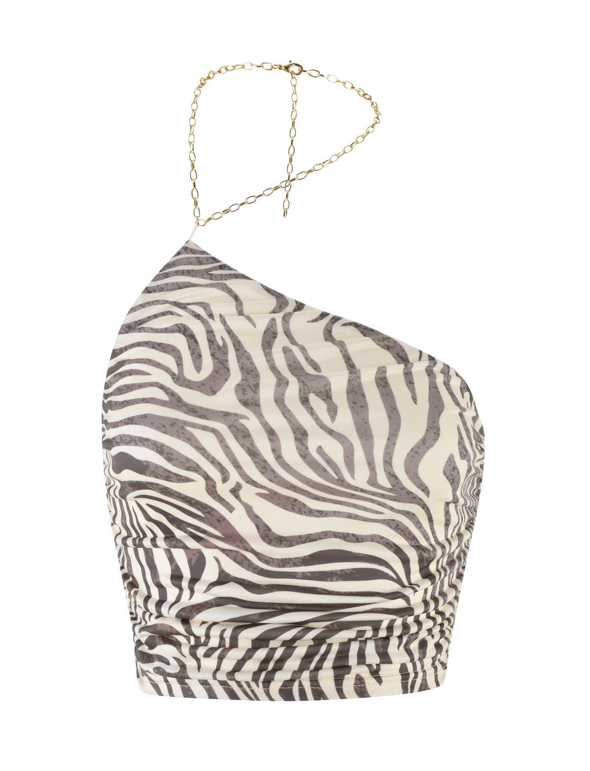 The LYRA TOP - NEUTRAL : ZEBRA by TIGERMIST is an asymmetric one-shoulder top with a striking black and white zebra print, ruched sides, and a gold chain halter strap for extra edge.