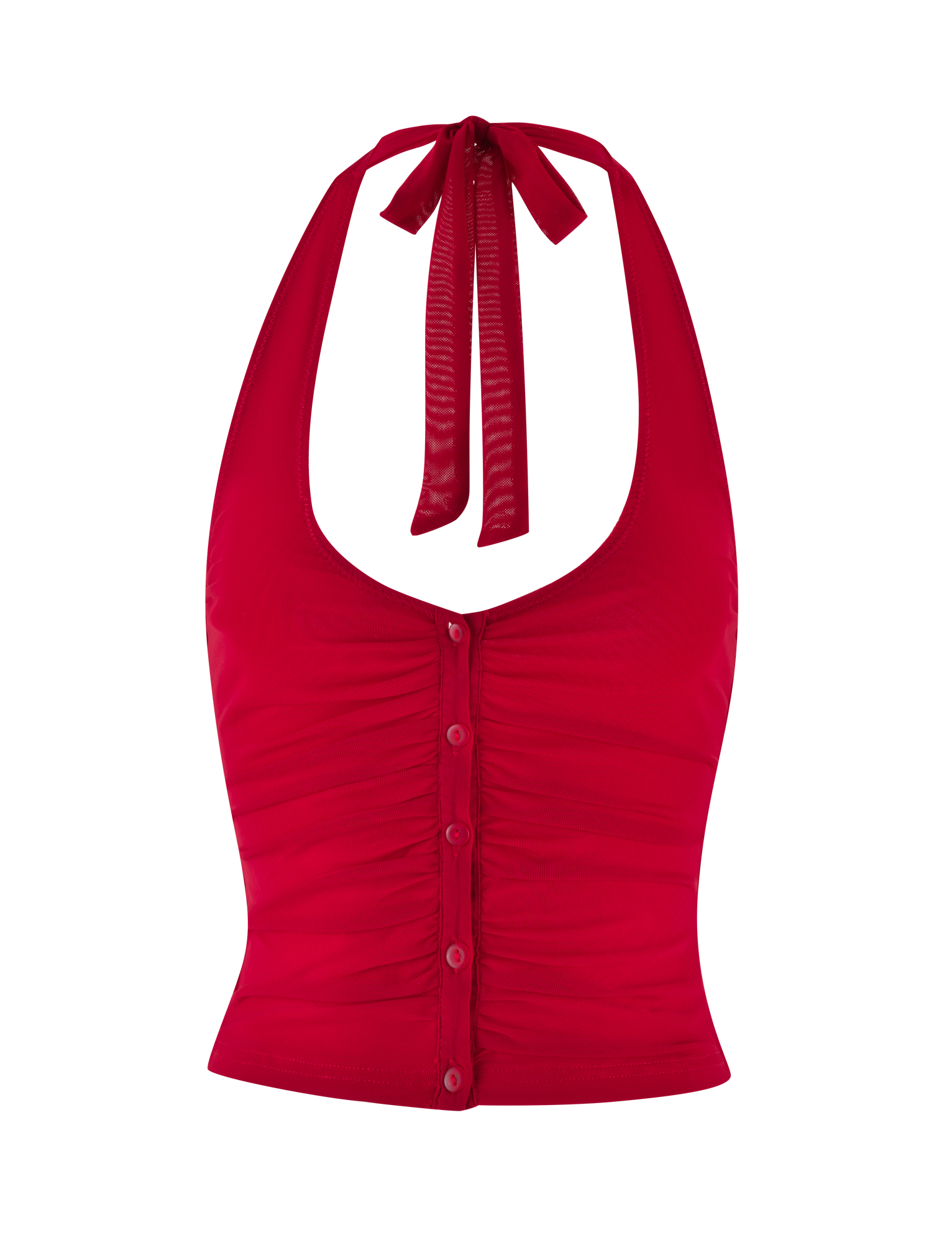 The ZAFIRA TOP - RED by TIGERMIST is a sleeveless, bright red halter neck top with a button-down front, ruched detailing, a bodycon fit, and a tie at the neck.
