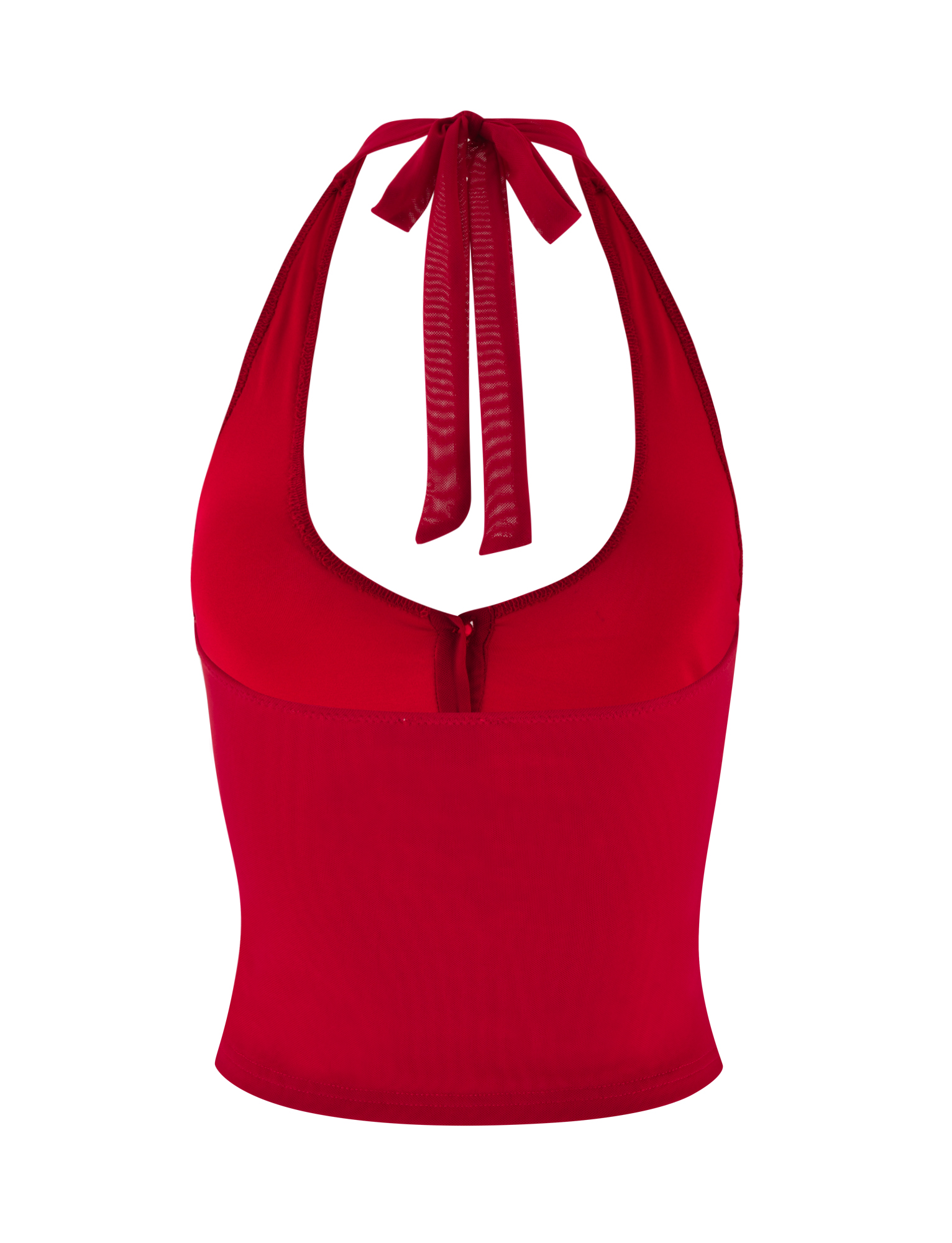 The TIGERMIST ZAFIRA TOP - RED features a halter neck, deep V-neckline, bodycon fit, and back bow tie, shown on a plain white background.