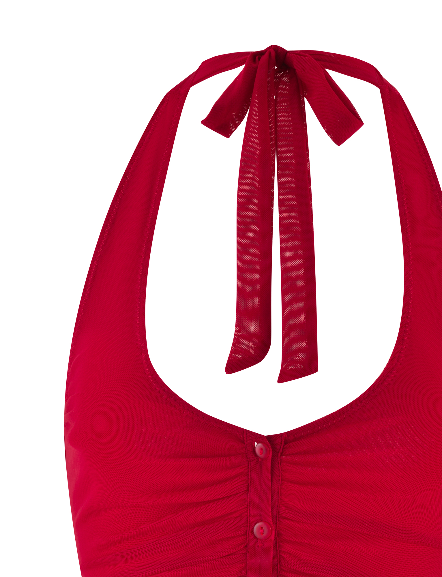Close-up of the ZAFIRA TOP - RED by TIGERMIST, featuring a halter neck, ruched front with button detail, bodycon fit, and two long straps tied in a bow at the neck.