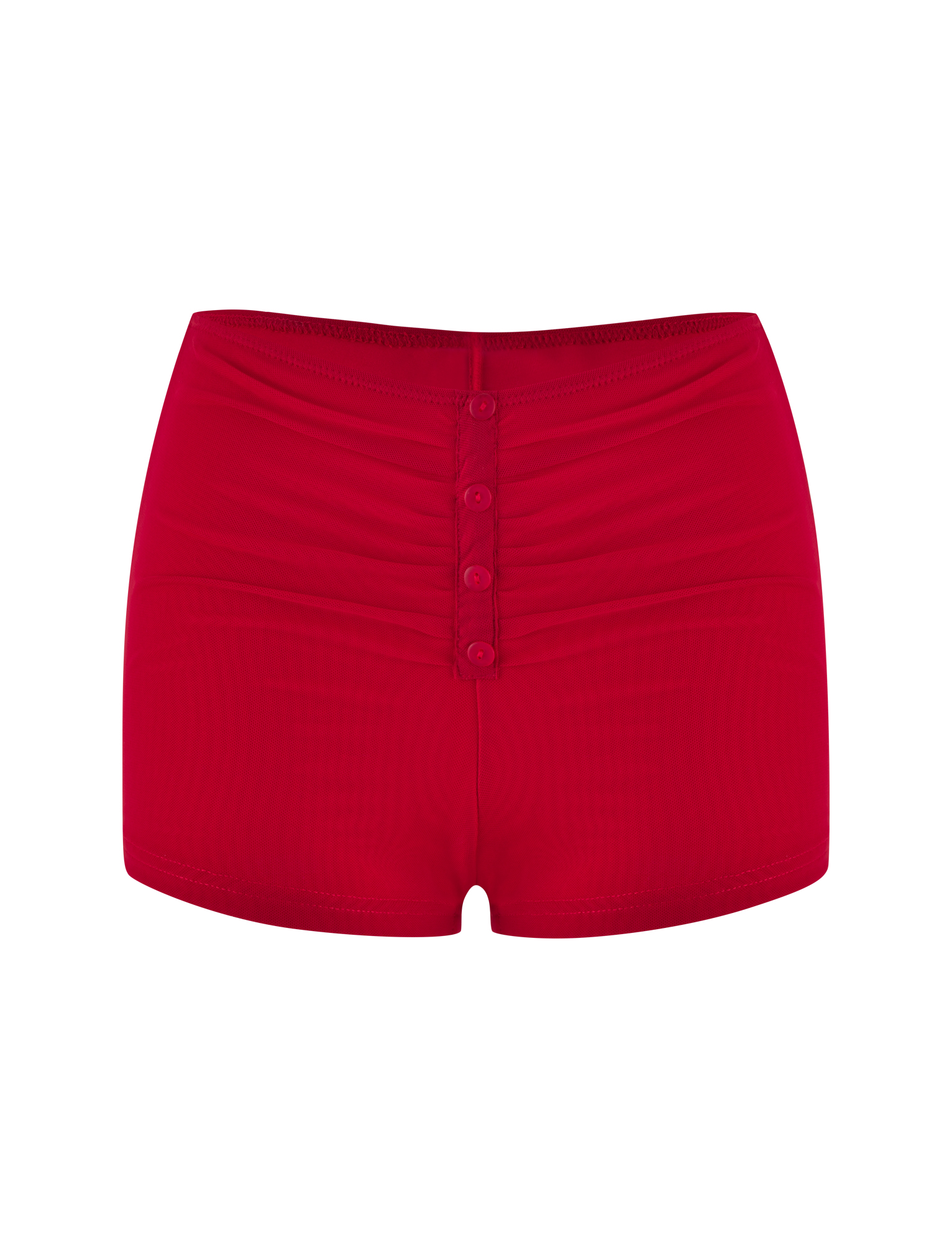 The TIGERMIST ZAFIRA SHORT - RED features a high-waisted, body-con fit with a ruched front, four center buttons, and high-stretch fabric, shown on a plain white background.