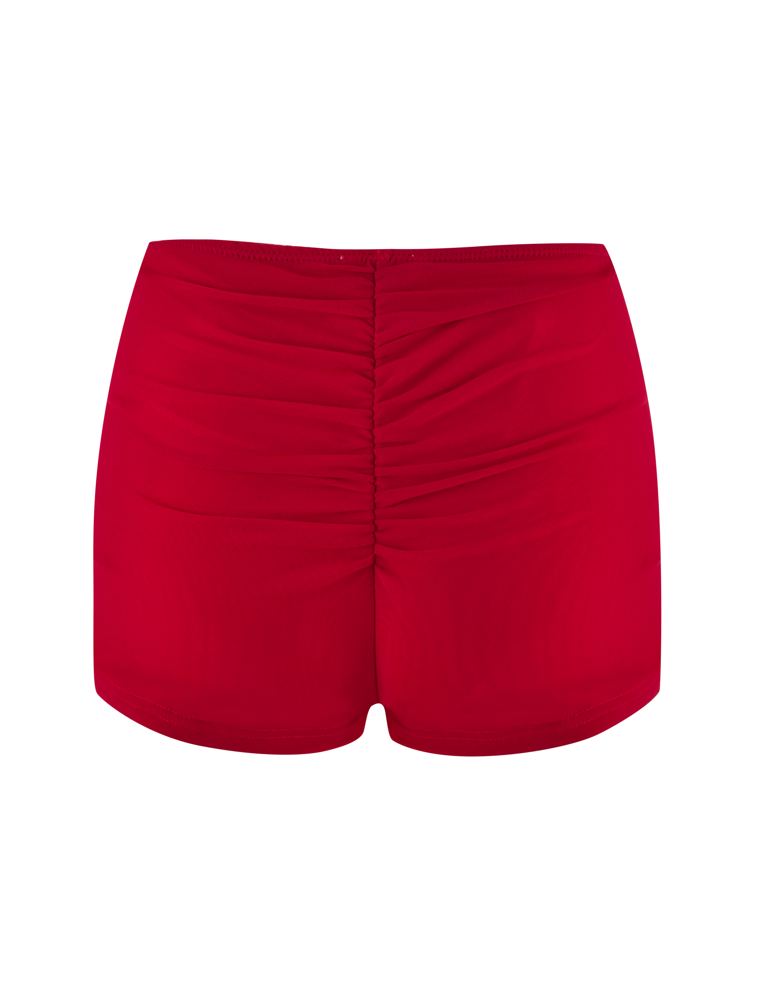 The ZAFIRA SHORT - RED by TIGERMIST features a high-waisted, body-con fit with a front ruched seam, made from high-stretch fabric and shown on a white background.