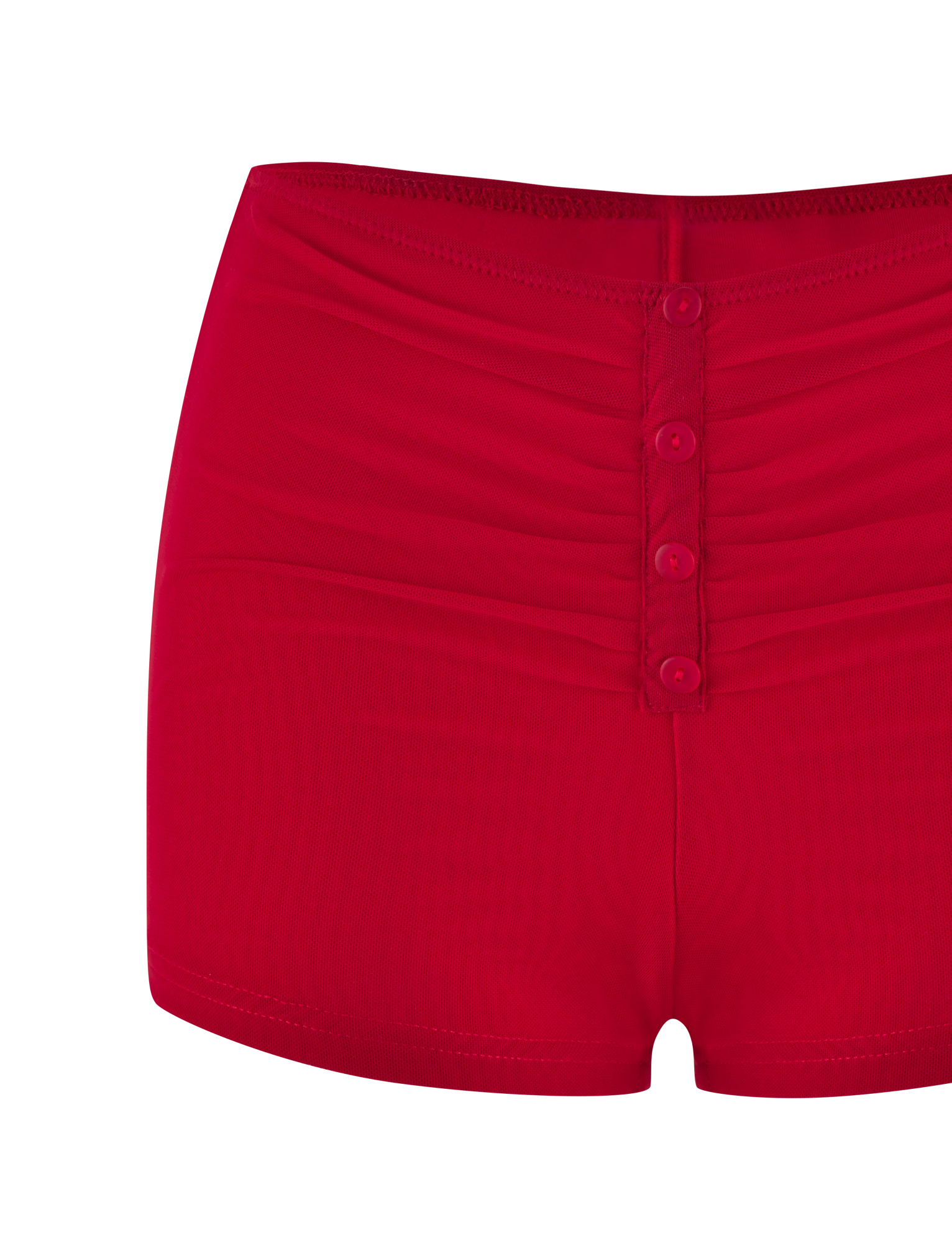 The TIGERMIST ZAFIRA SHORT - RED features a high-waisted, body-con fit in bright red, with a ruched front and four decorative buttons. Made from high-stretch fabric for comfort and a flattering silhouette.