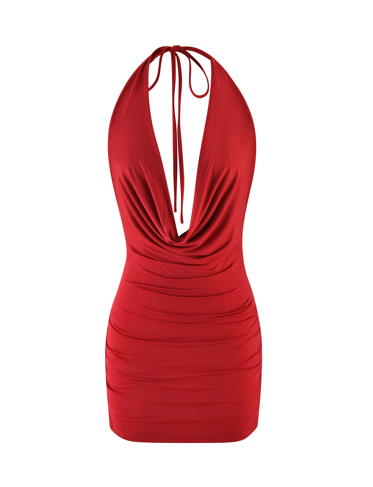 The TIGERMIST KEIRA MINI DRESS in dark red is sleeveless with a deep plunging neckline, halter neck ties, and ruched sides. This bodycon mini dress is shown against a white background.