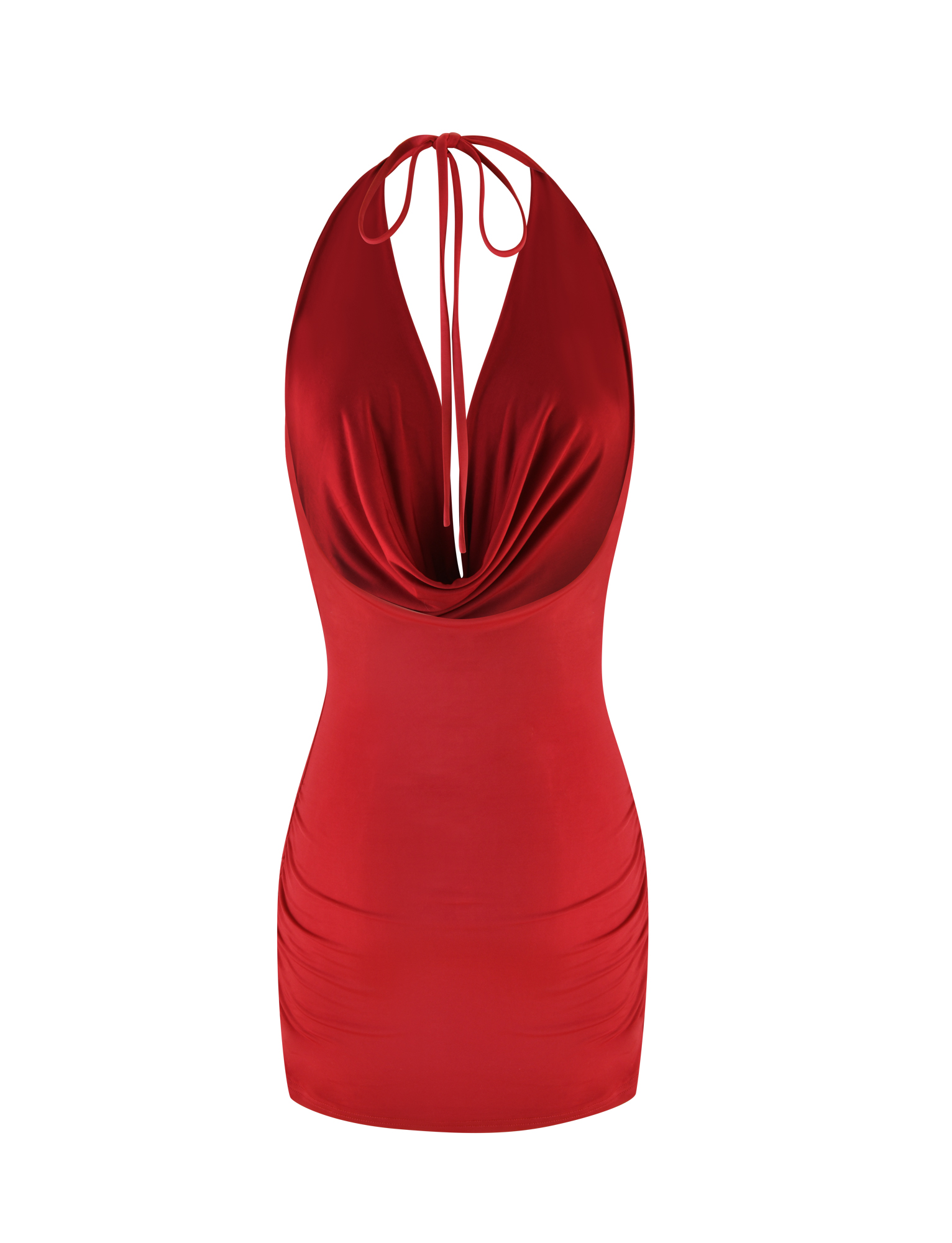 The KEIRA MINI DRESS - RED by TIGERMIST is a sleeveless, backless dark red satin mini dress with a halter neck tie, draped cowl neckline, and bodycon fit, shown on a white background.
